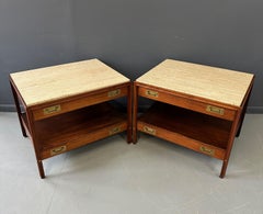 Pair of Walnut and Travertine Nightstands with Brass Accents and Rosewood Trim