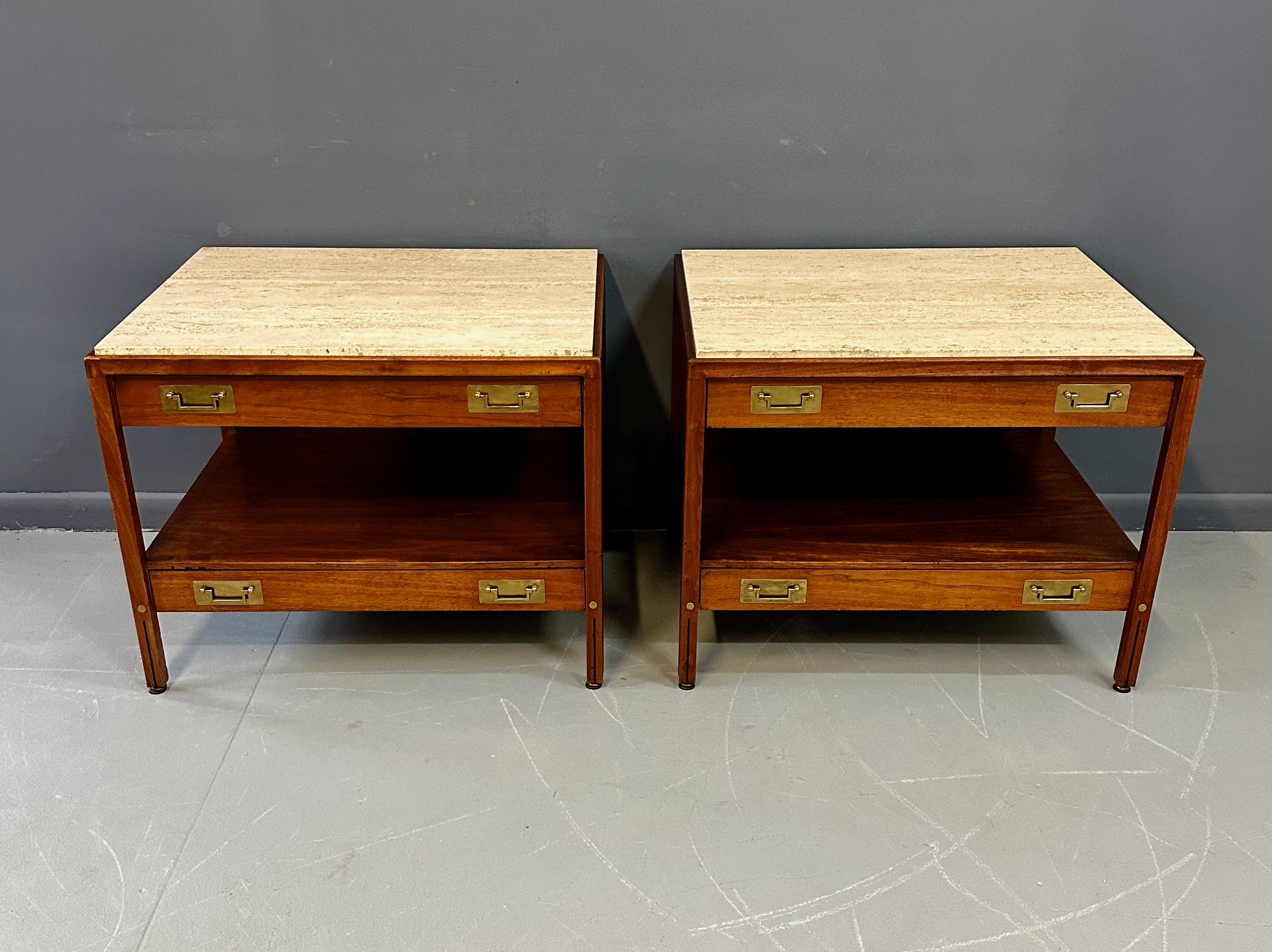 Mid-Century Modern Pair of Walnut and Travertine Nightstands with Brass Accents and Rosewood Trim For Sale