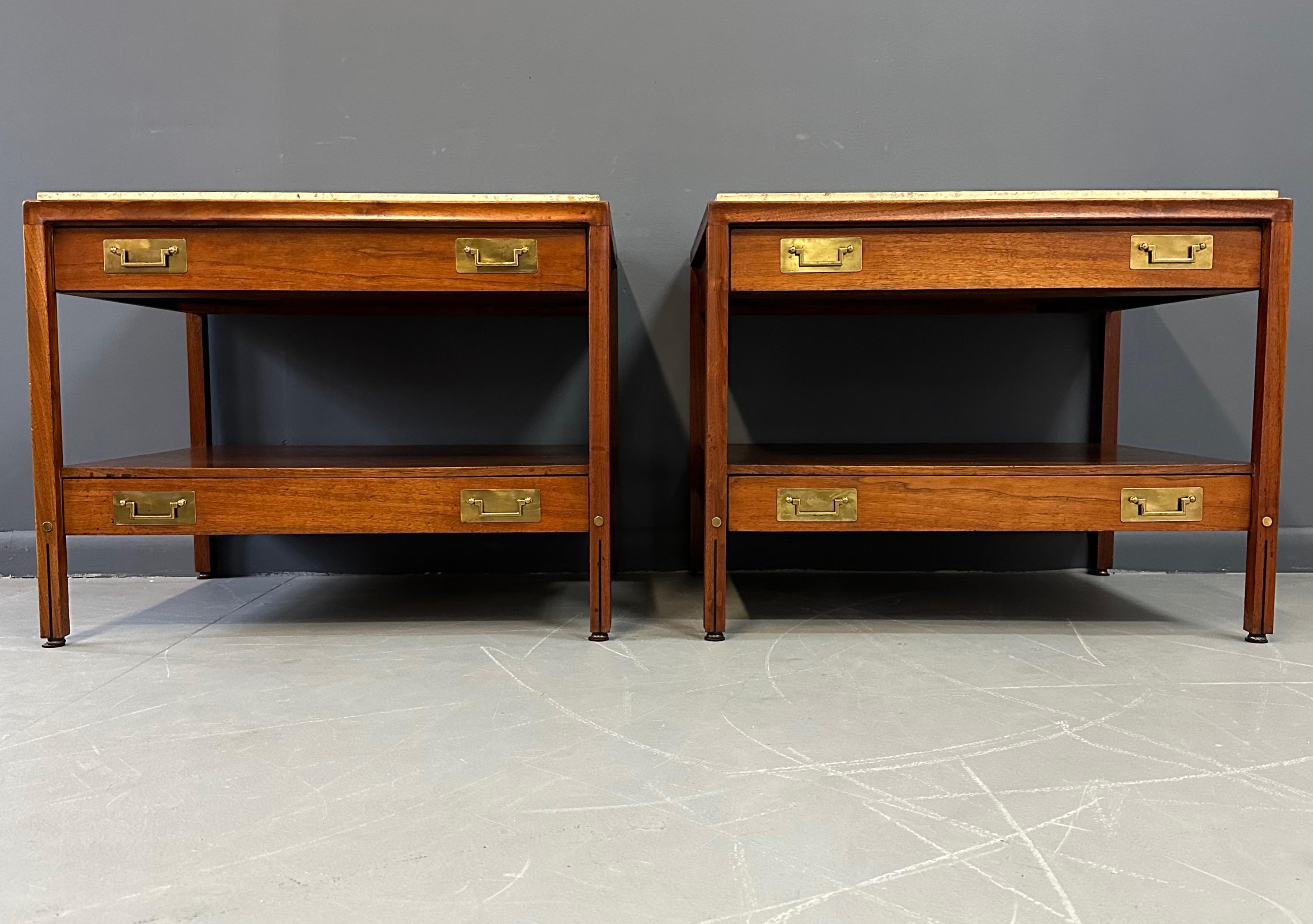 North American Pair of Walnut and Travertine Nightstands with Brass Accents and Rosewood Trim For Sale