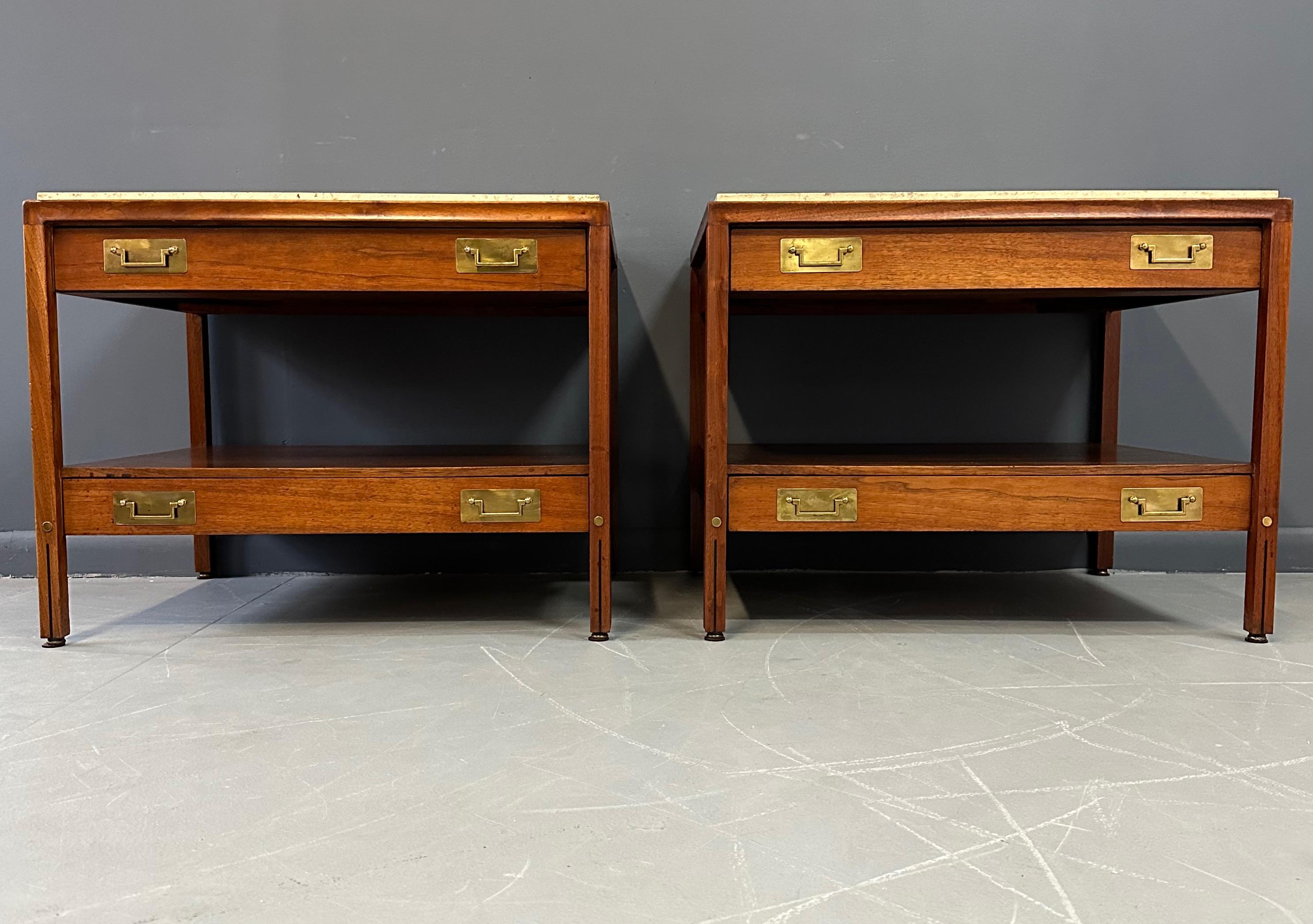 North American Pair of Walnut and Travertine Nightstands with Brass Accents and Rosewood Trim