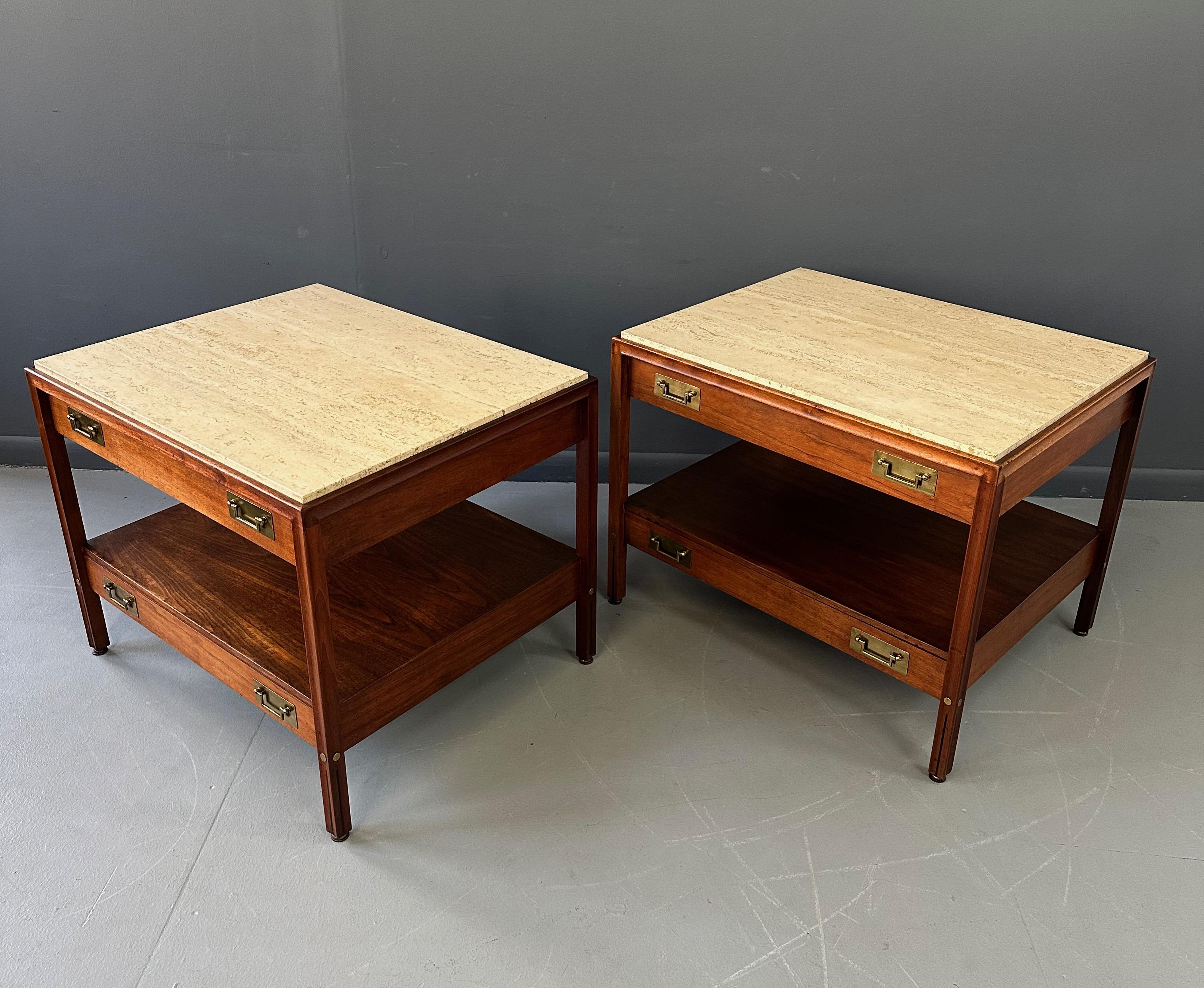 Pair of Walnut and Travertine Nightstands with Brass Accents and Rosewood Trim In Good Condition For Sale In Philadelphia, PA