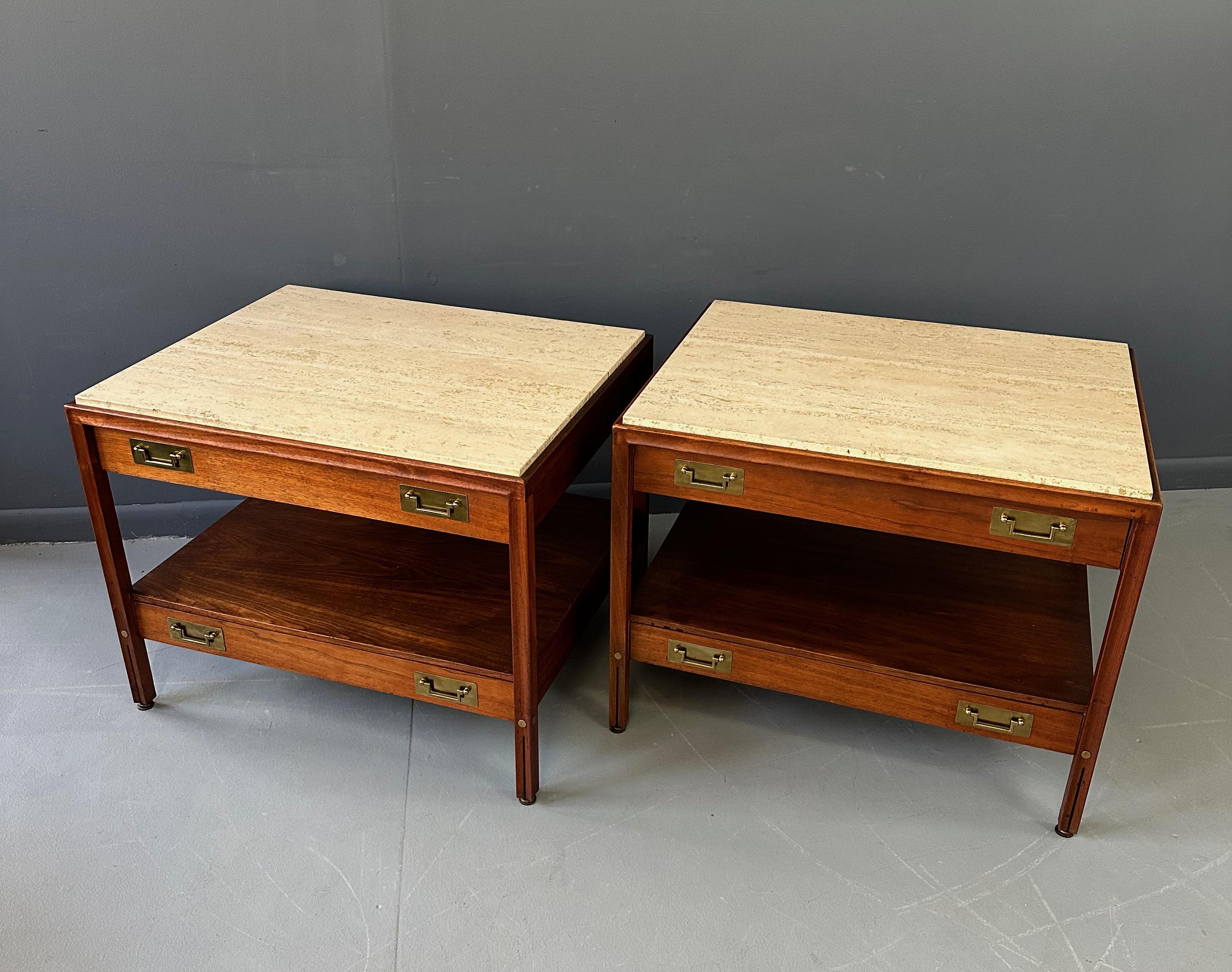 20th Century Pair of Walnut and Travertine Nightstands with Brass Accents and Rosewood Trim For Sale