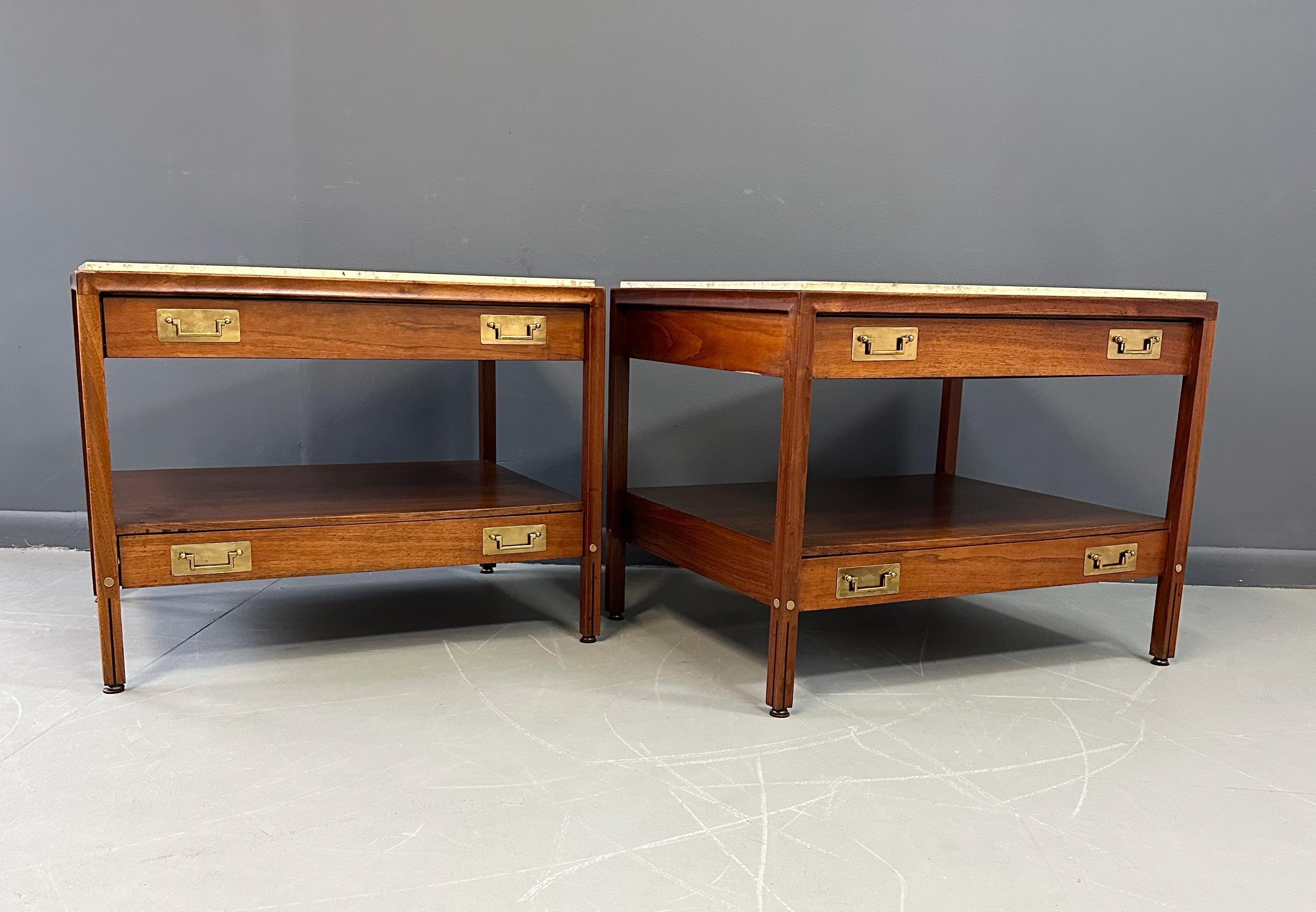 Pair of Walnut and Travertine Nightstands with Brass Accents and Rosewood Trim For Sale 2