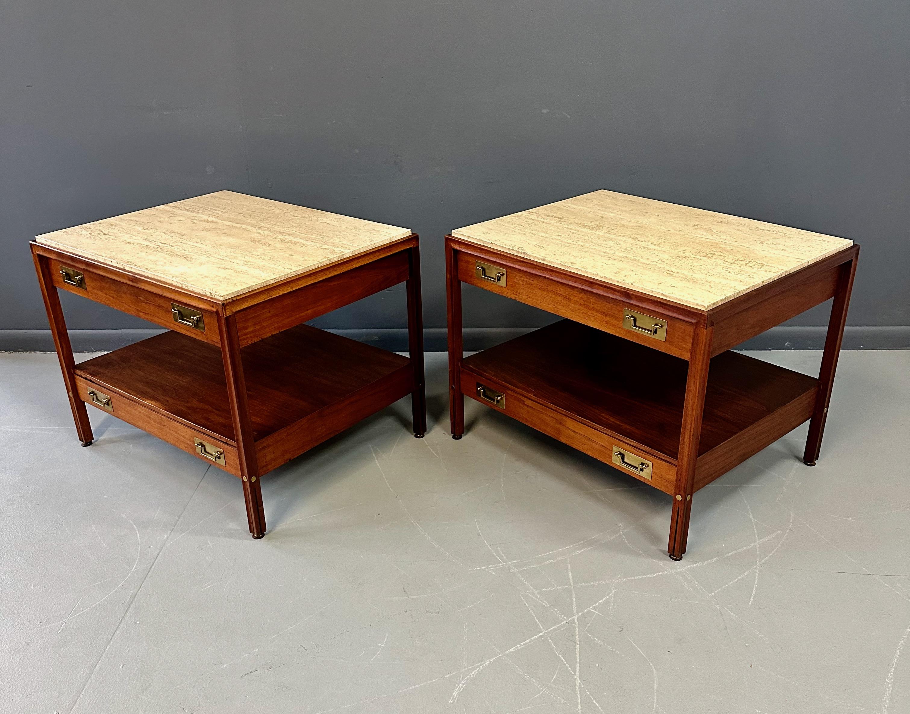 Pair of Walnut and Travertine Nightstands with Brass Accents and Rosewood Trim 3
