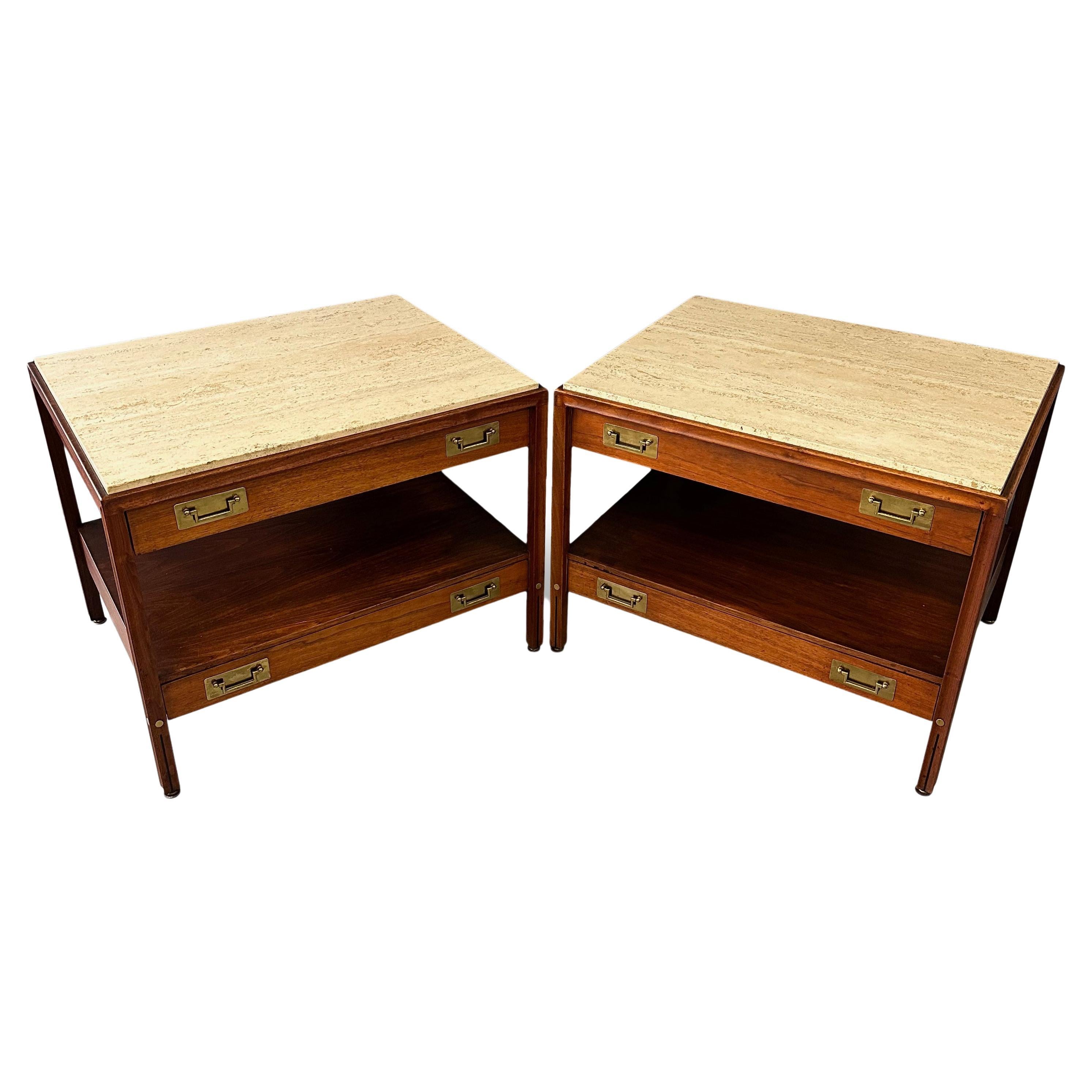 Pair of Walnut and Travertine Nightstands with Brass Accents and Rosewood Trim