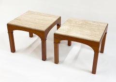 Pair of Walnut and Travertine Side Tables by John Keal for Brown Saltman
