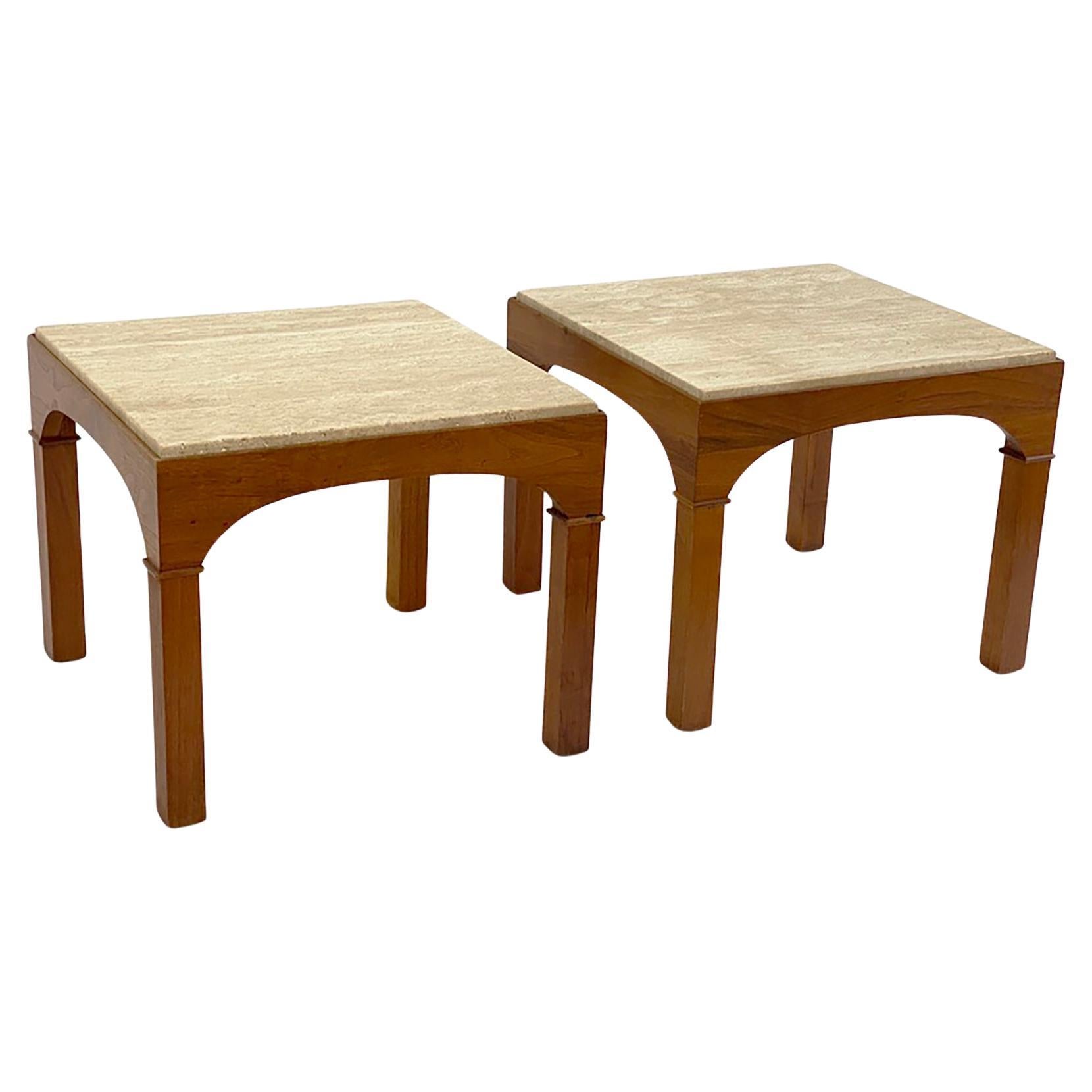 Pair of Walnut and Travertine Side Tables by John Keal for Brown Saltman