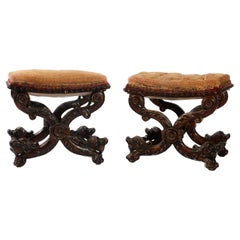 Pair of Walnut Antique Italian Curule Benches