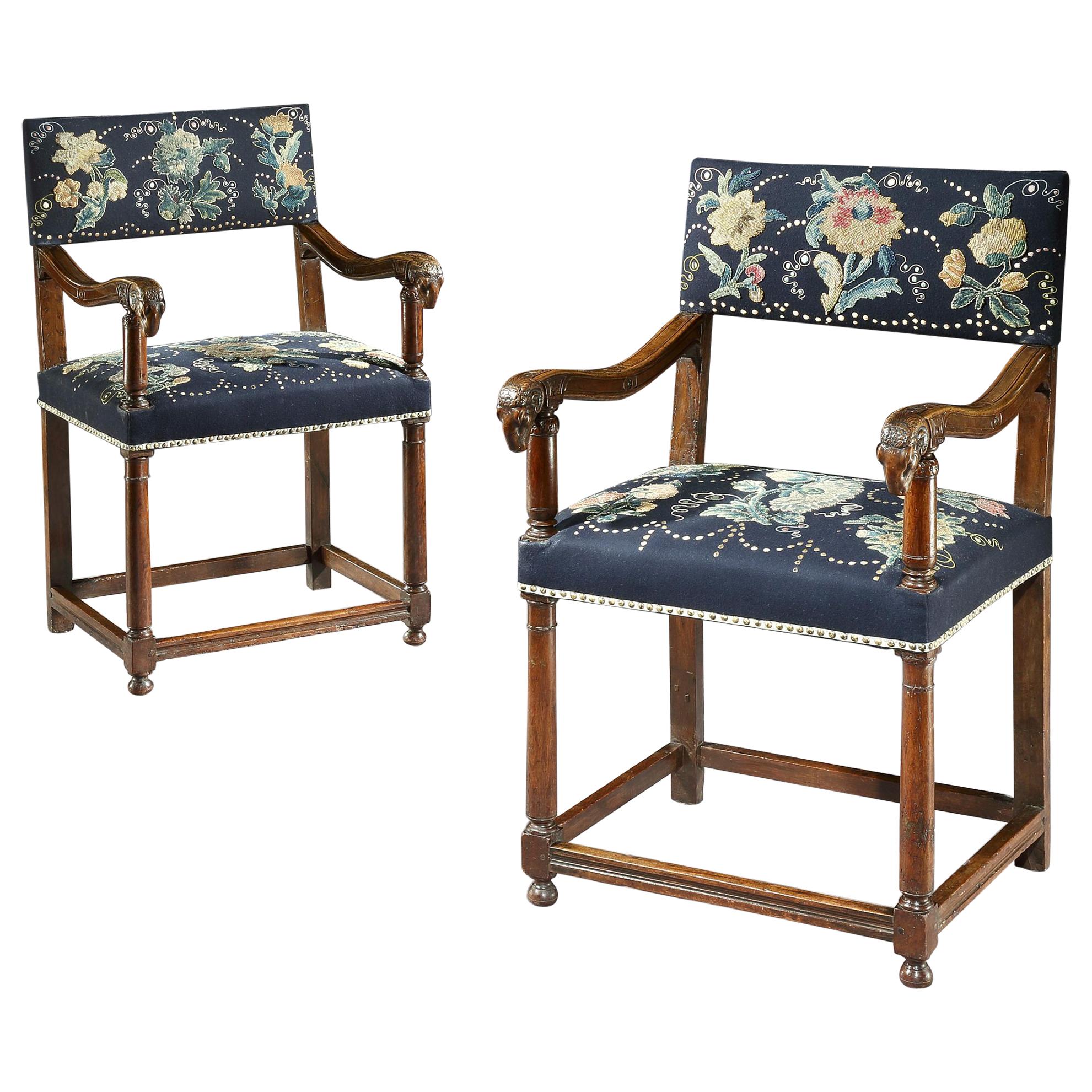 Pair of Walnut Armchairs, Late 16th Century, French Renaissance, with Ram Mask C For Sale