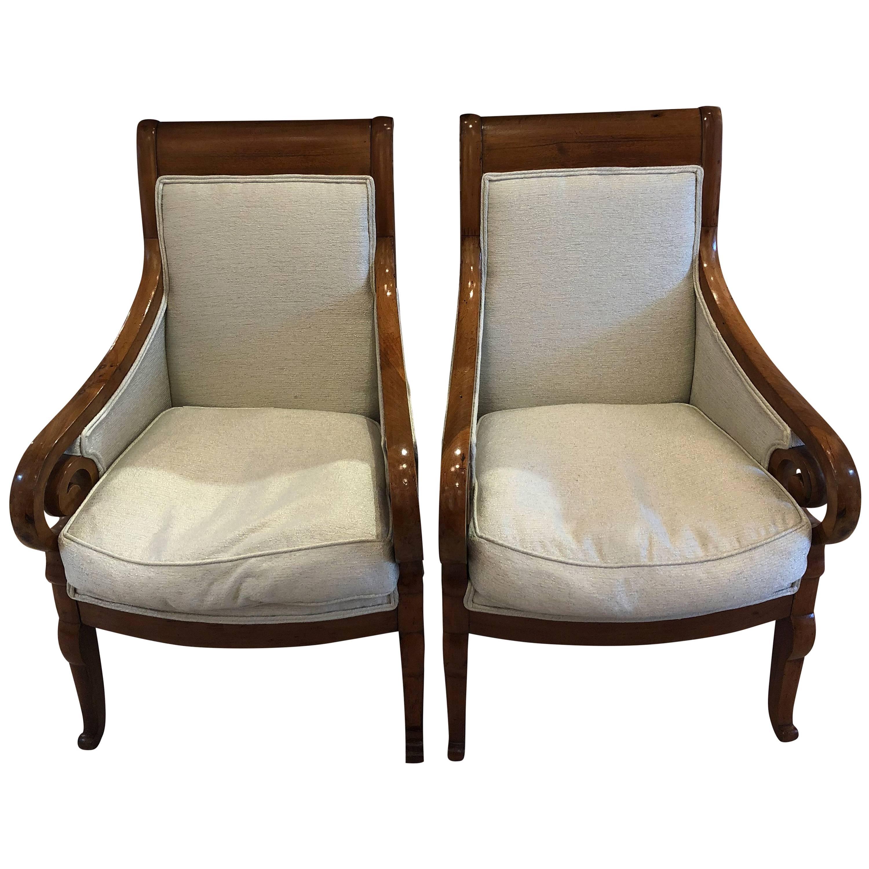 Pair of Walnut Armchairs Upholstered in Angelie C. Seafoam For Sale