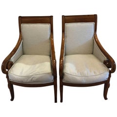 Pair of Walnut Armchairs Upholstered in Angelie C. Seafoam