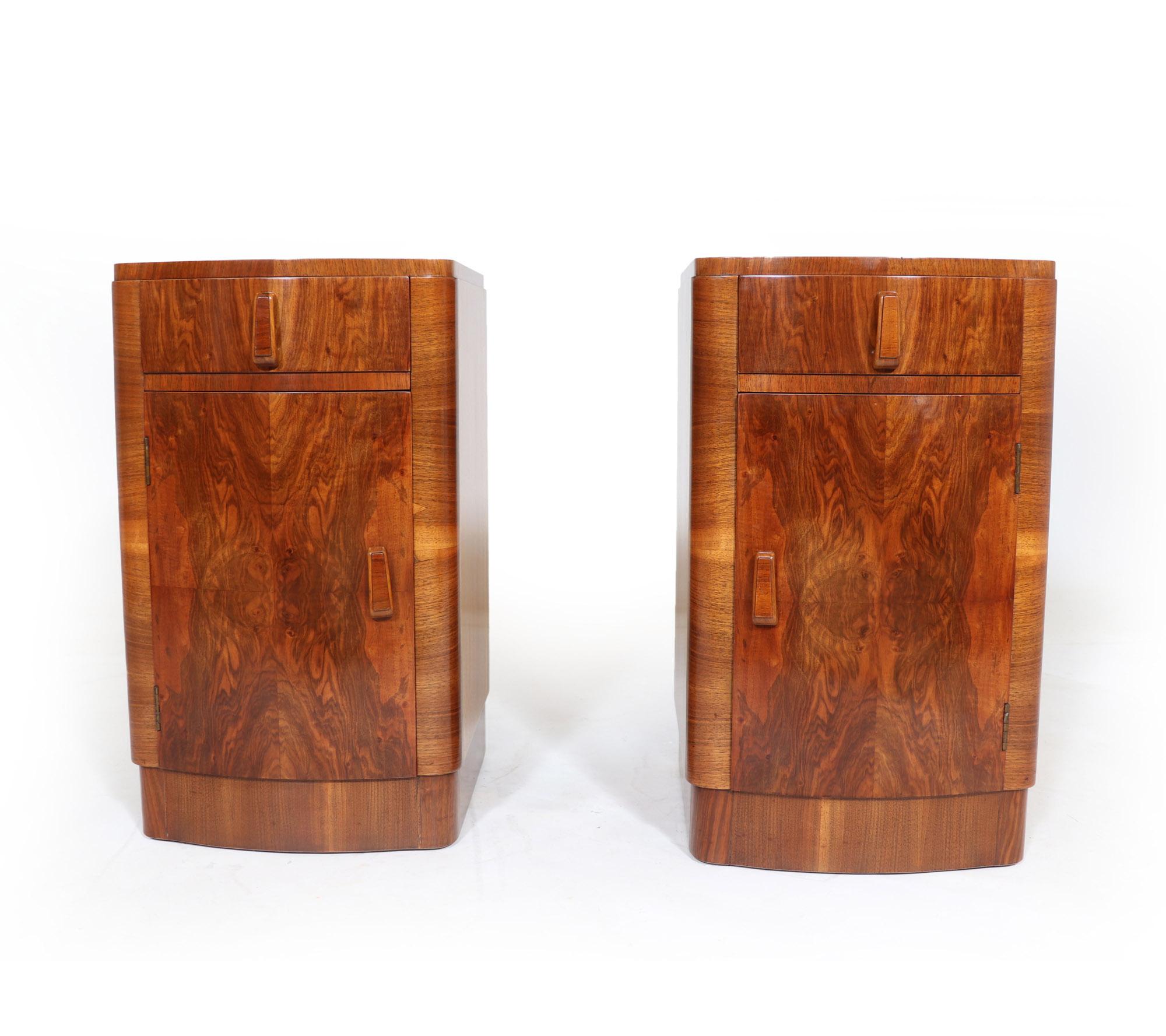 French Pair of Walnut Art Deco Bedside Cabinets