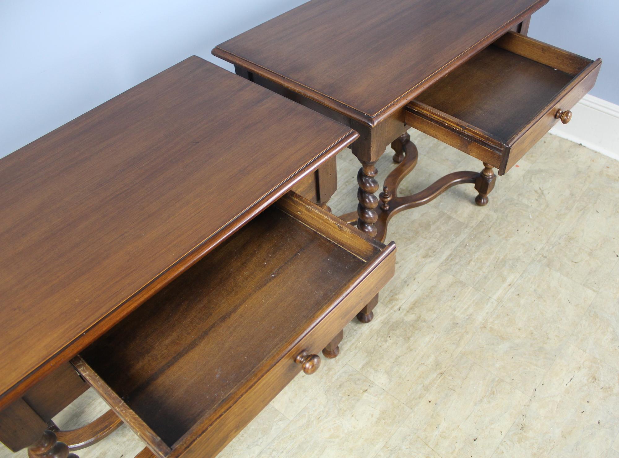 Pair of Walnut Barley Twist Side Tables/Nightstands with Stretcher Bases In Good Condition In Port Chester, NY