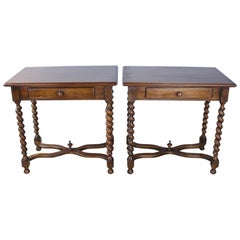 Pair of Walnut Barley Twist Side Tables/Nightstands with Stretcher Bases