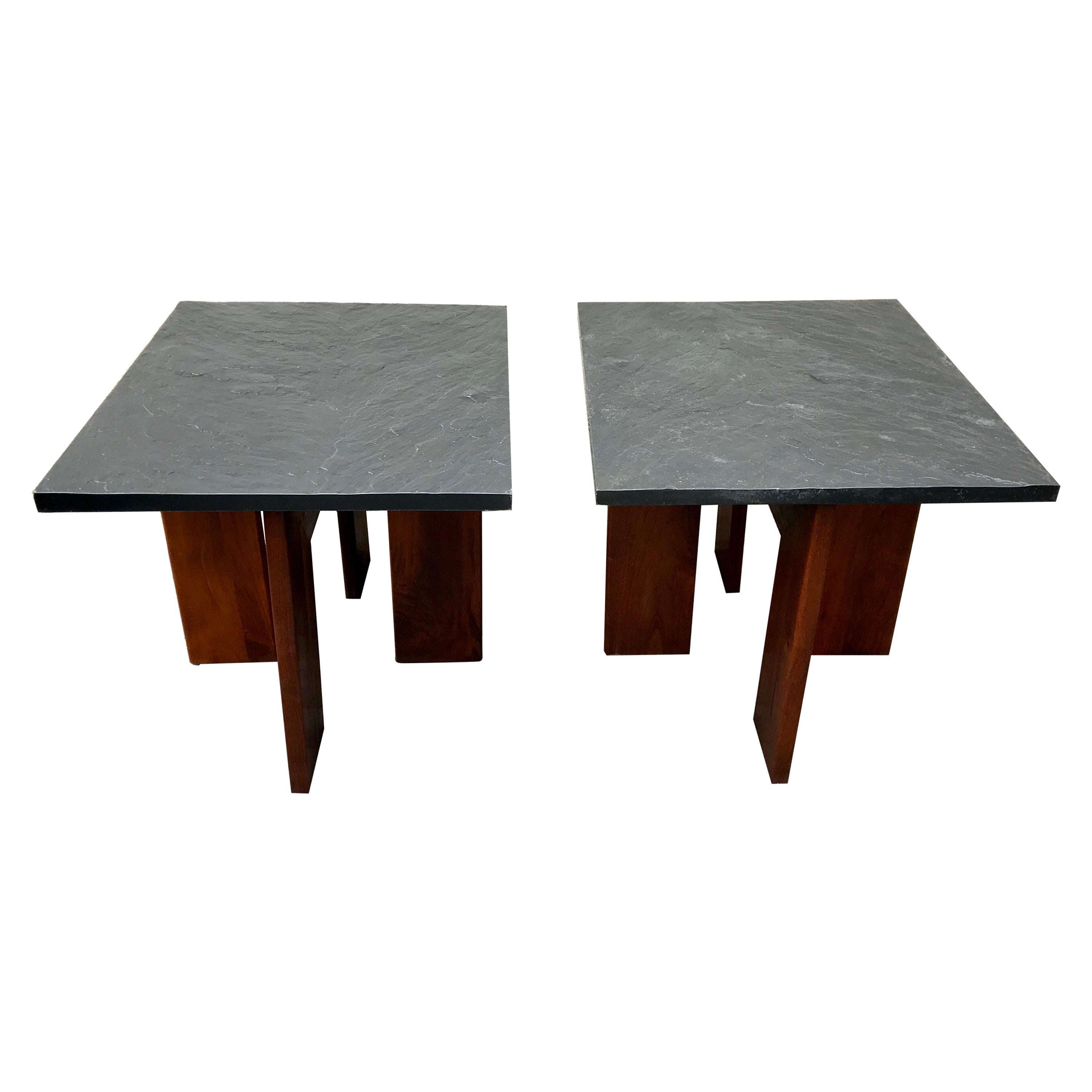 Pair of Walnut Base and Black Slate Top Side Tables by Adrian Pearsall