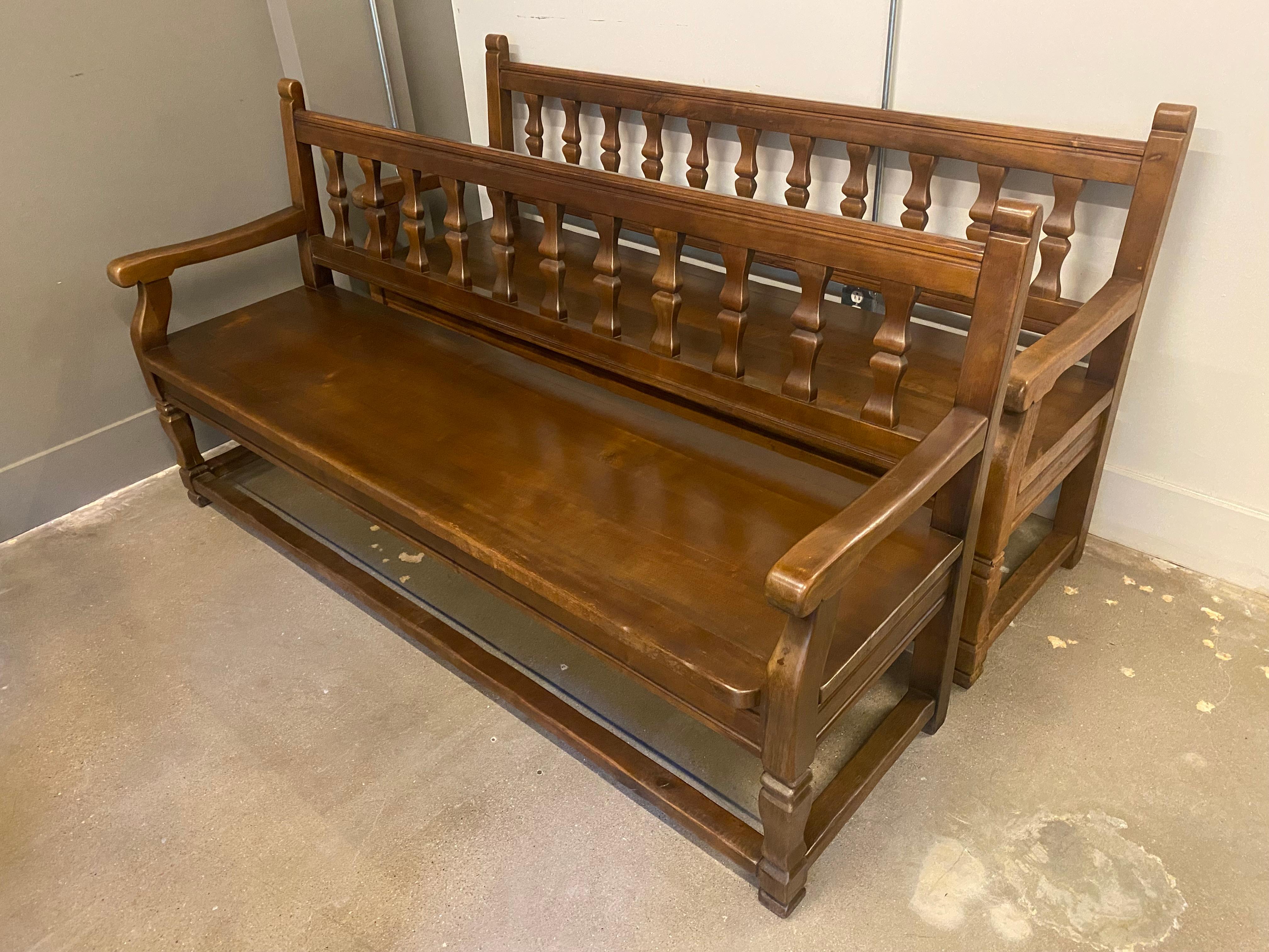 Solid walnut benches from Florence, Italy, 1840's. Nice proportions and well constructed. Recent coat of professionally applied paste wax for subtle luster to finish. Two available, sold separately.