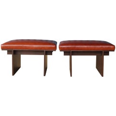 Pair of Walnut Benches with Upholstered Leather Seats, 1970s