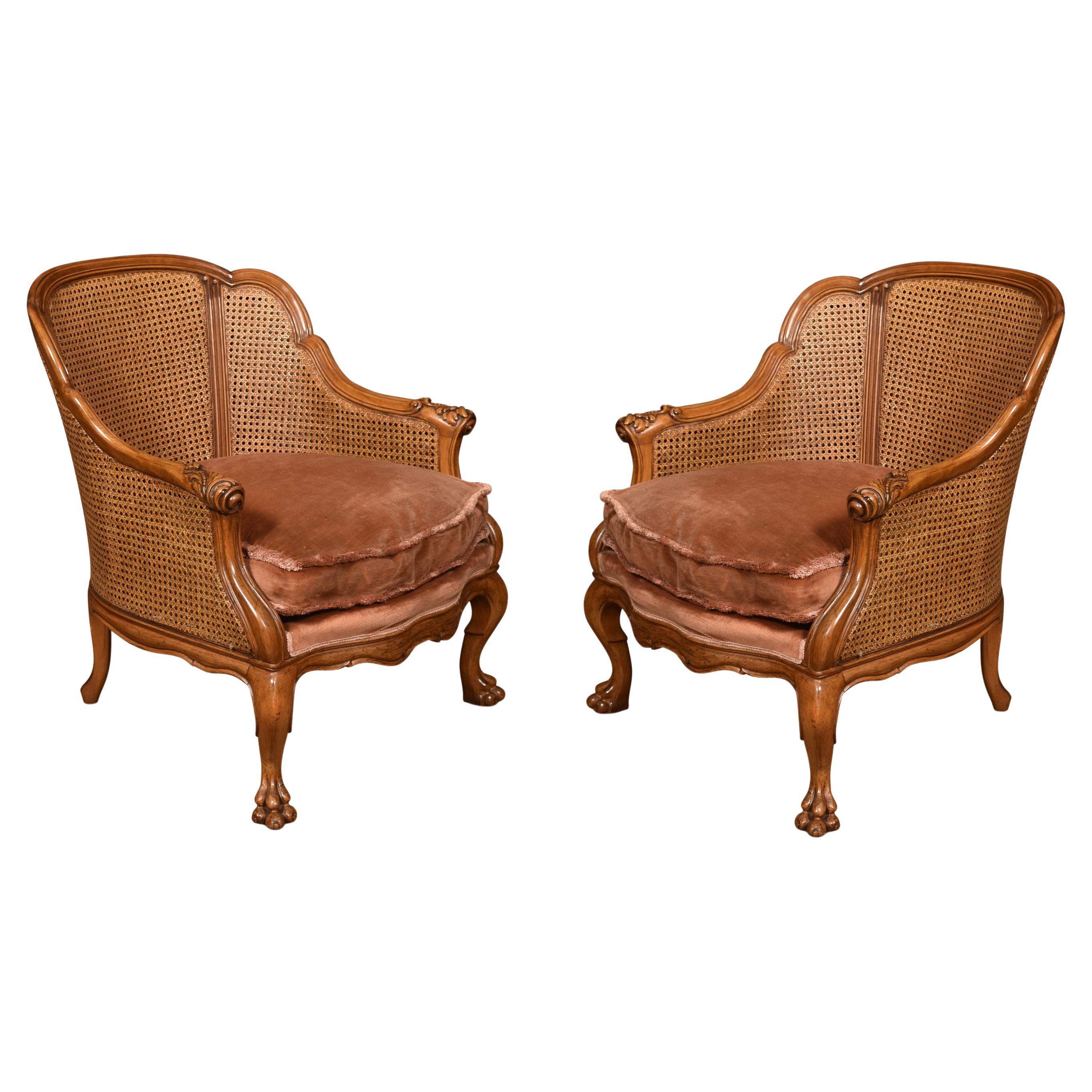 Pair of Walnut Bergere Arm Chairs