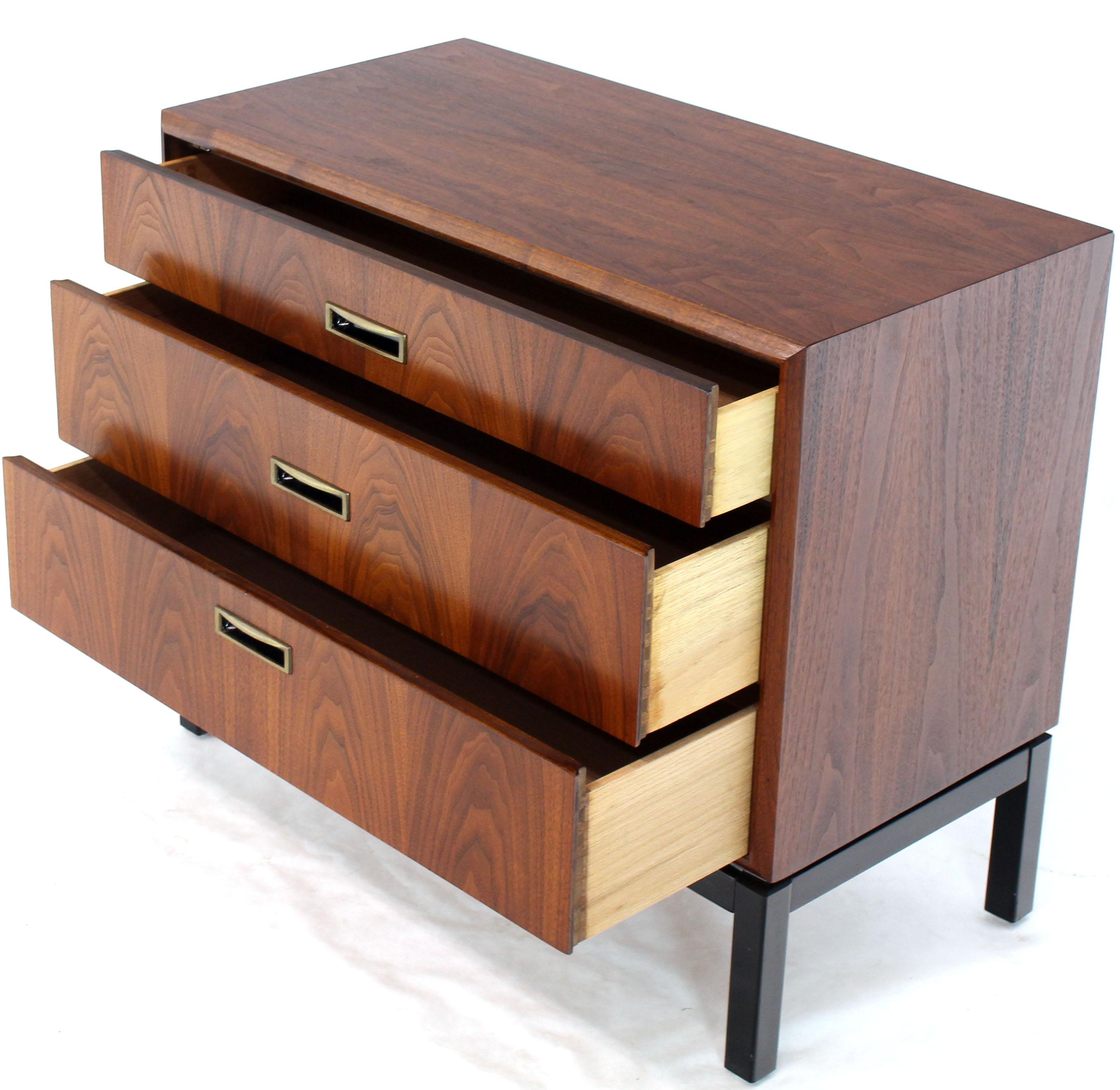 Pair of Walnut Book Matched Fronts Three Drawers Bachelor Chests Ebonized Base 2