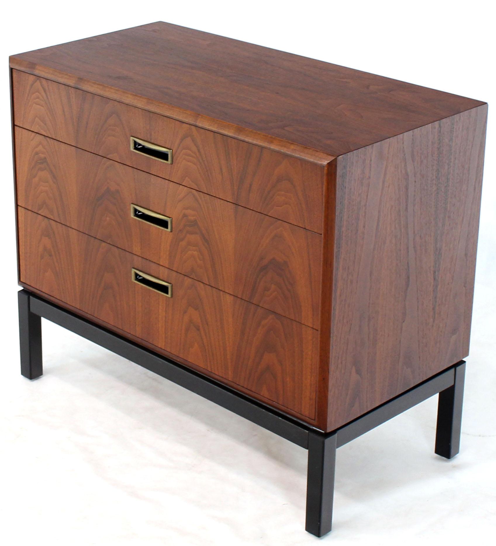 Oiled Pair of Walnut Book Matched Fronts Three Drawers Bachelor Chests Ebonized Base