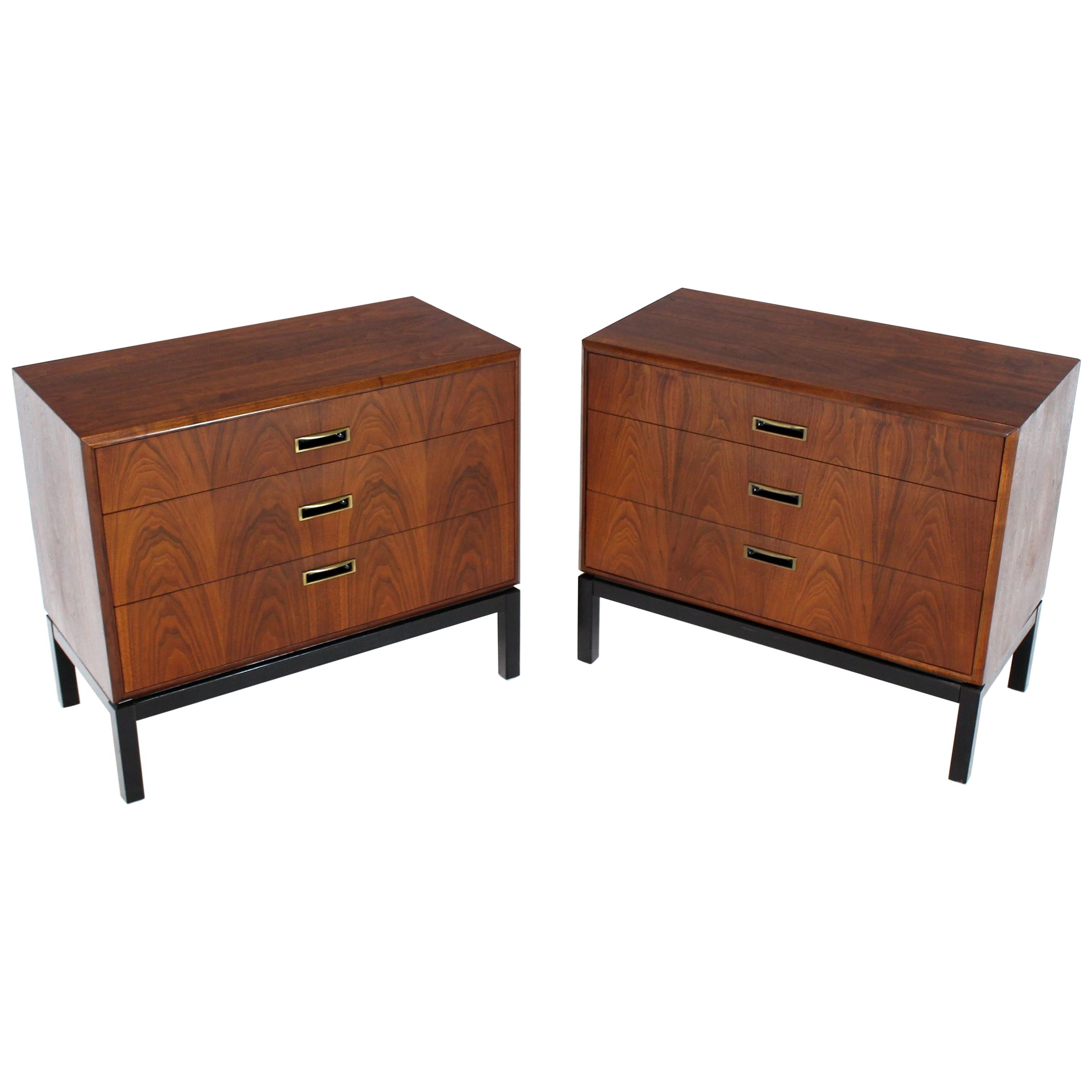 Pair of Walnut Book Matched Fronts Three Drawers Bachelor Chests Ebonized Base