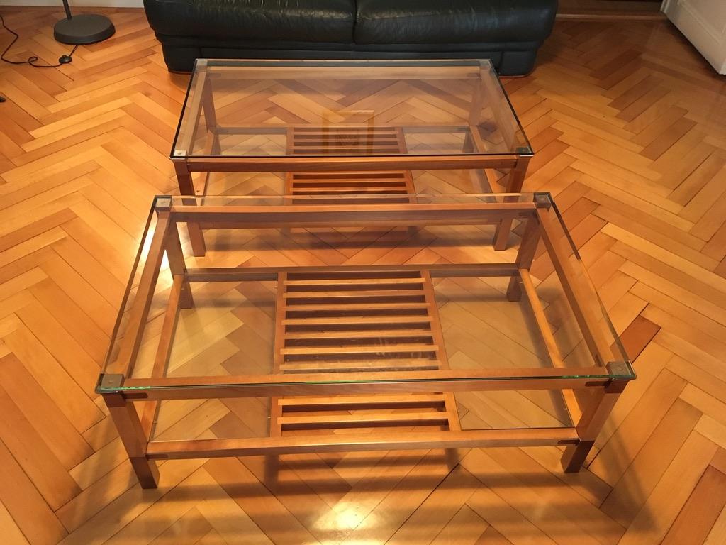 Pair of Walnut, Brass and Glass Coffee Tables by Pierre Vandel, Paris, 1980s For Sale 1