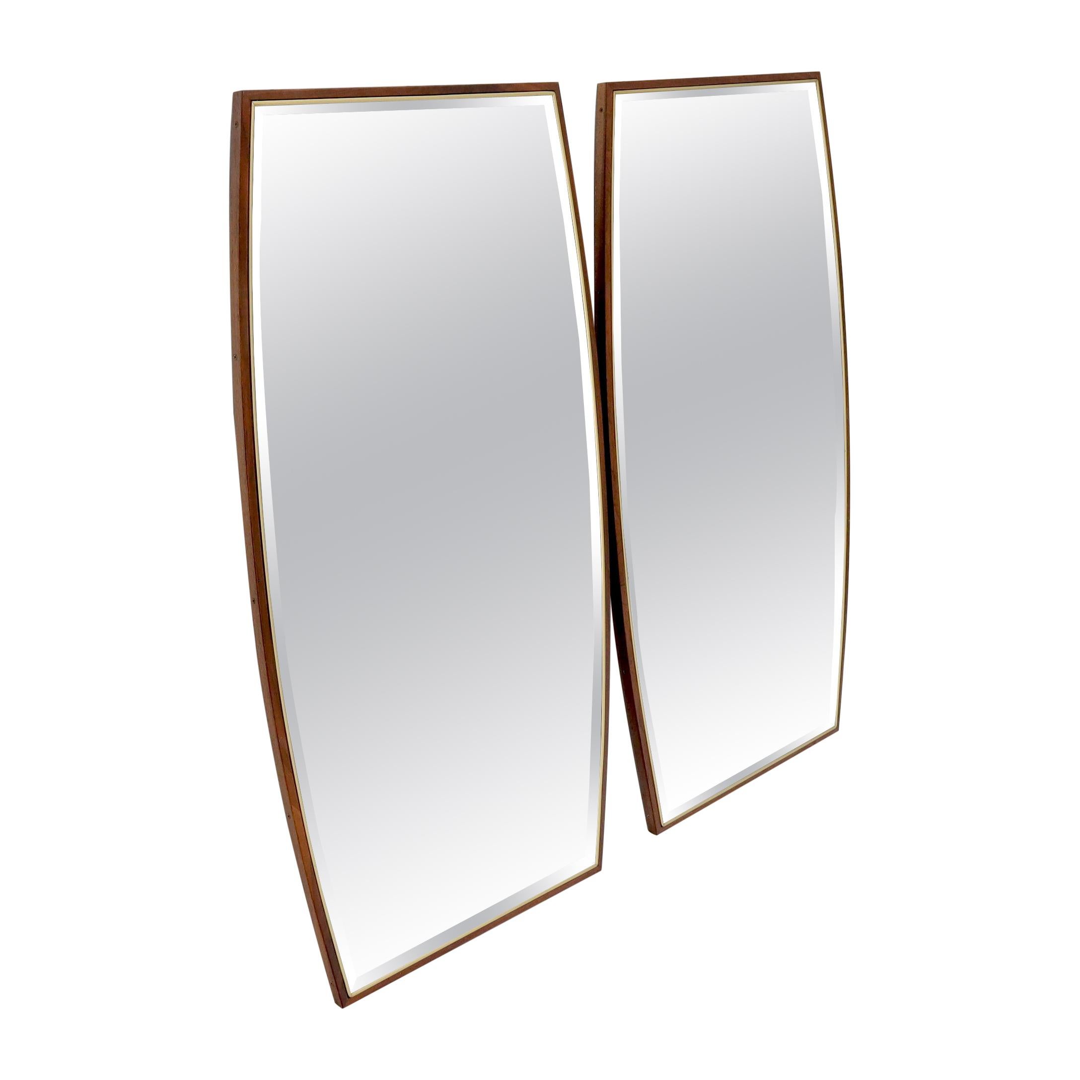 Pair of Walnut & Brass Boat Shape Mirrors Atr. to Paul McCobb