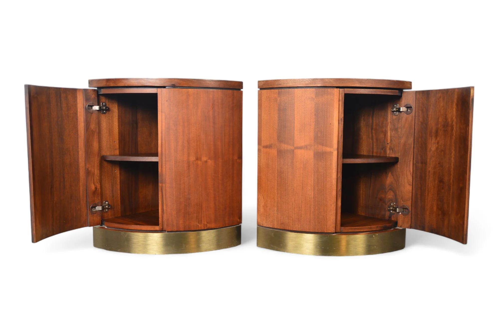 American Pair Of Walnut + Brass Corner Units / Nightstands For Sale