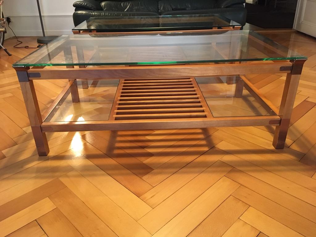 French Pair of Walnut, Brass and Glass Coffee Tables by Pierre Vandel, Paris, 1980s