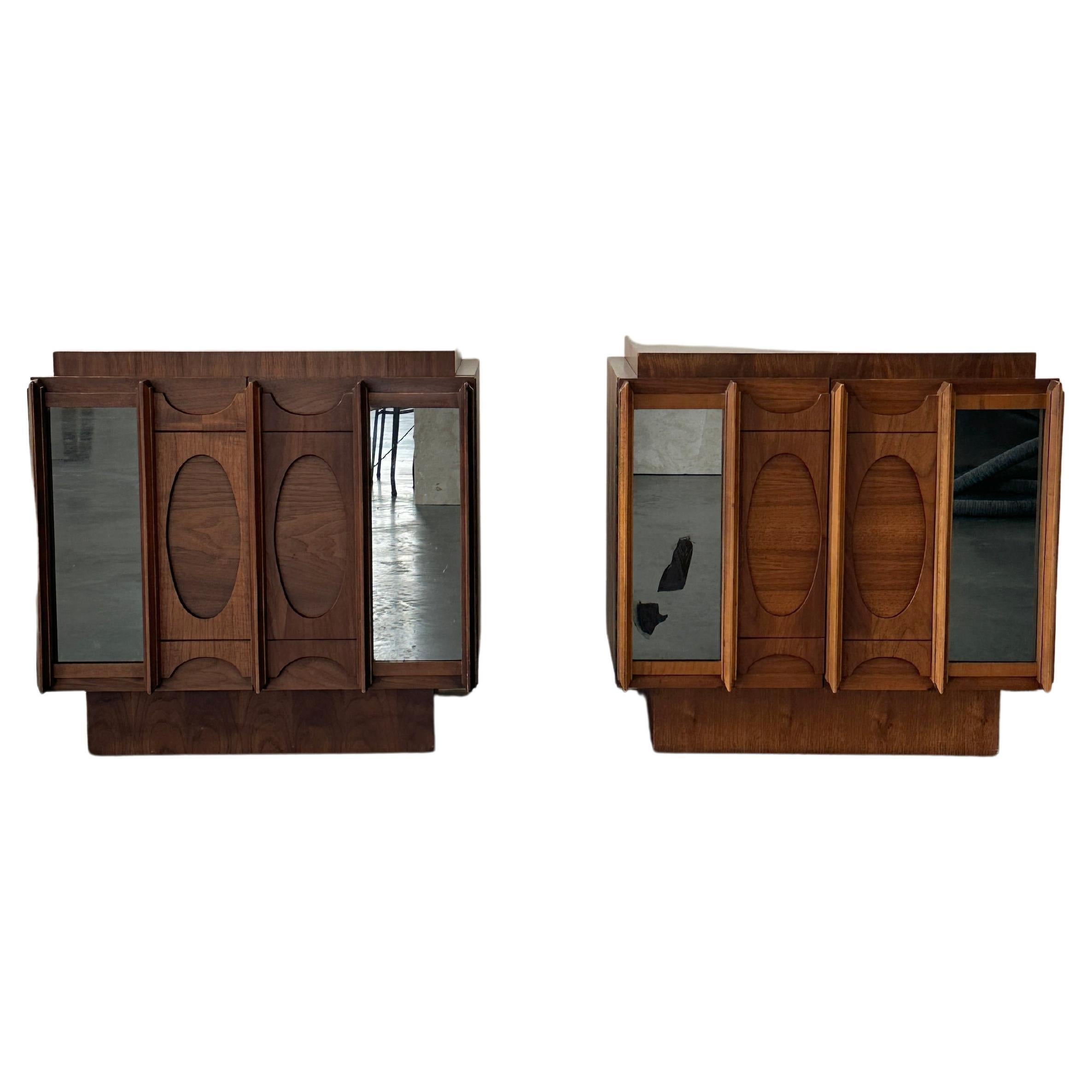 Pair of walnut and mirror brutalist Tabago nightstands  For Sale