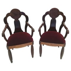 Pair of Walnut Burl and Amaranth Wood Armchairs, circa 1925