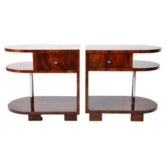 Pair of Walnut Burl Side Tables with One Drawer
