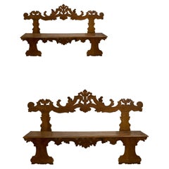 Pair of Walnut Carved Backrest Benches, Early 18th Century