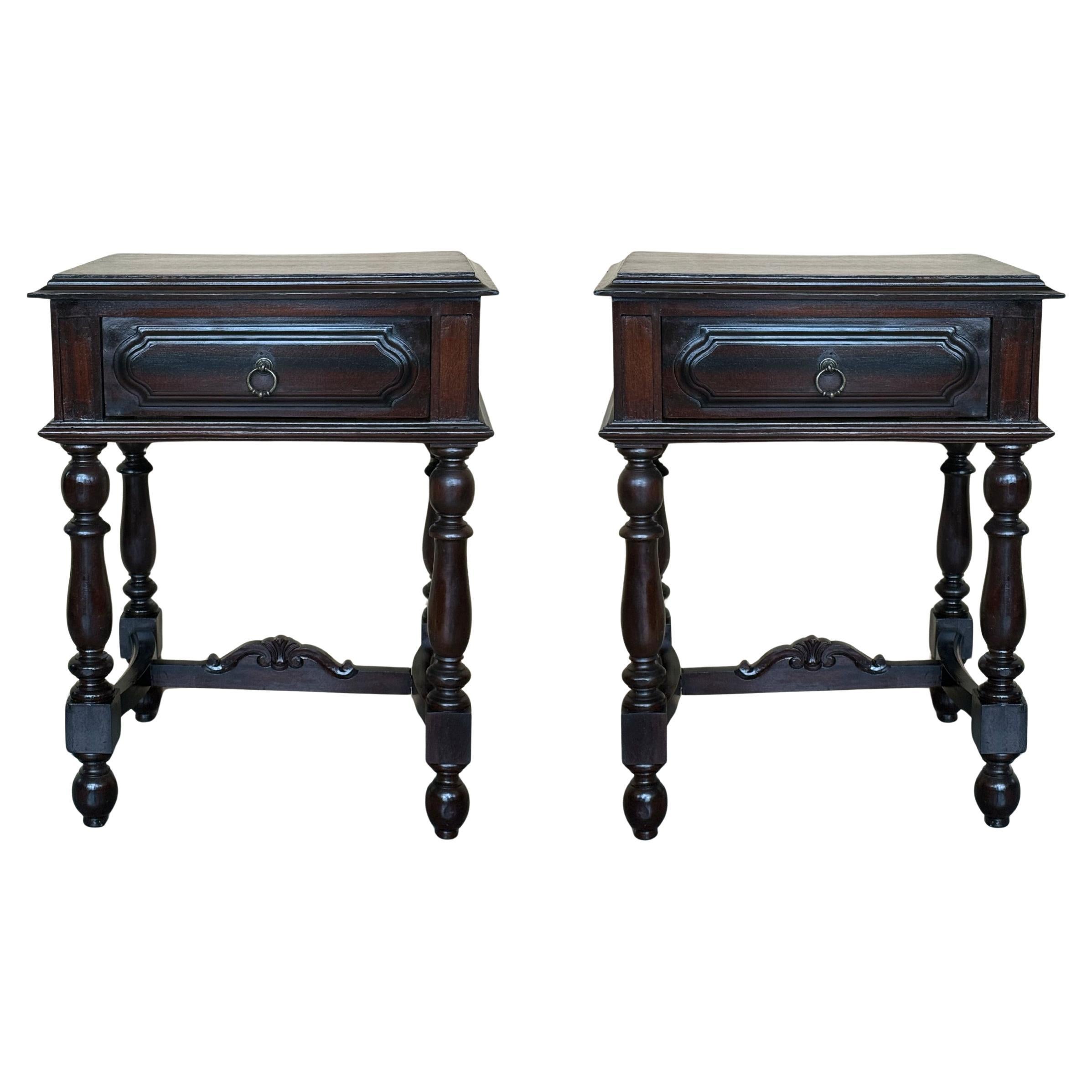 Pair of Walnut Carved Spanish Nightstands with Solomonic Legs and drawer