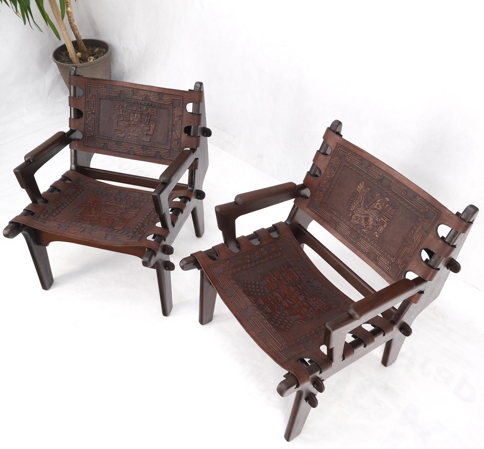 Pair of Walnut Carved Tolled Leather Sling Seats Arm Chairs by Angel Pazmino For Sale 4