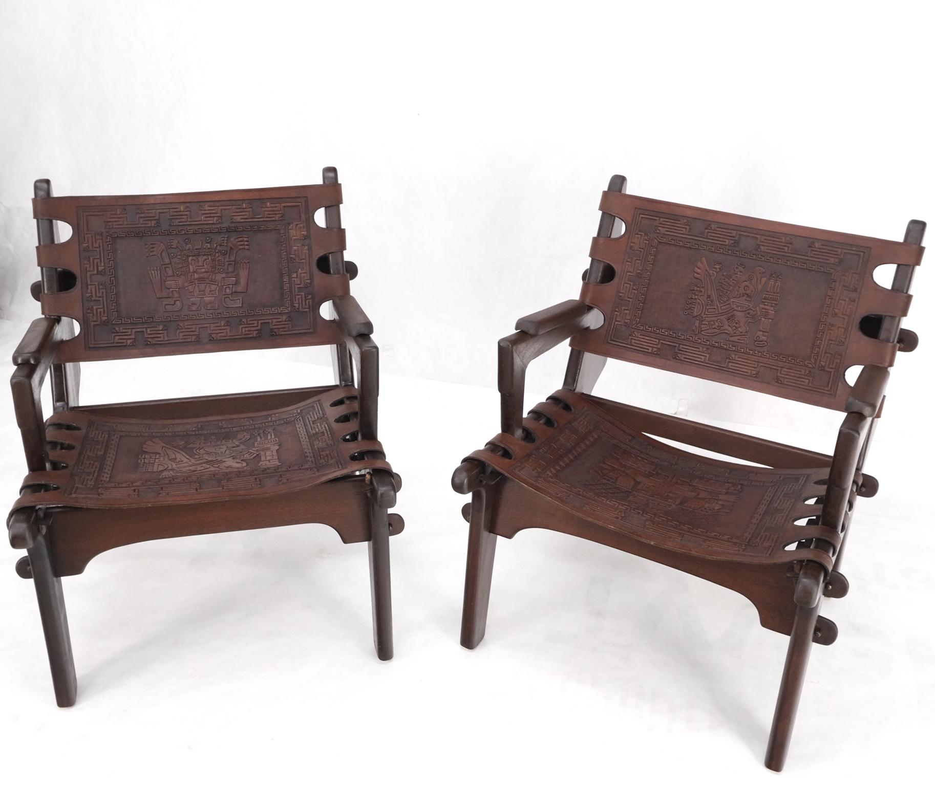 Pair of Walnut Carved Tolled Leather Sling Seats Arm Chairs by Angel Pazmino For Sale 5