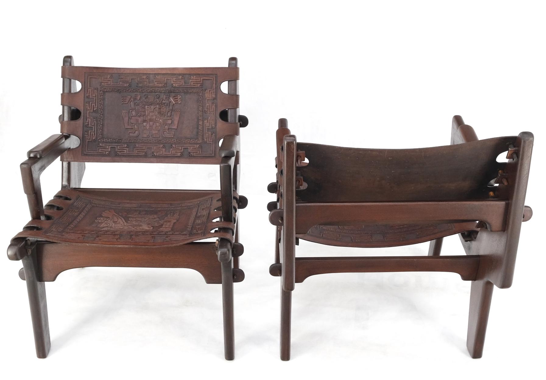 Pair of Walnut Carved Tolled Leather Sling Seats Arm Chairs by Angel Pazmino For Sale 6