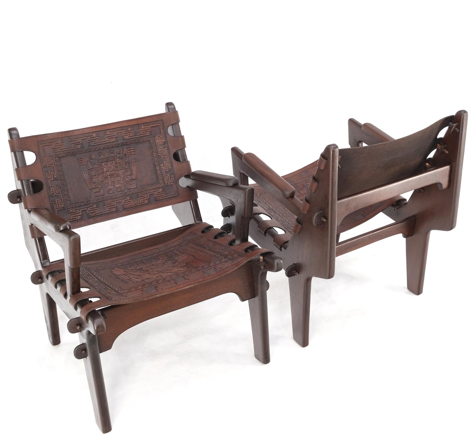Pair of Walnut Carved Tolled Leather Sling Seats Arm Chairs by Angel Pazmino For Sale 7