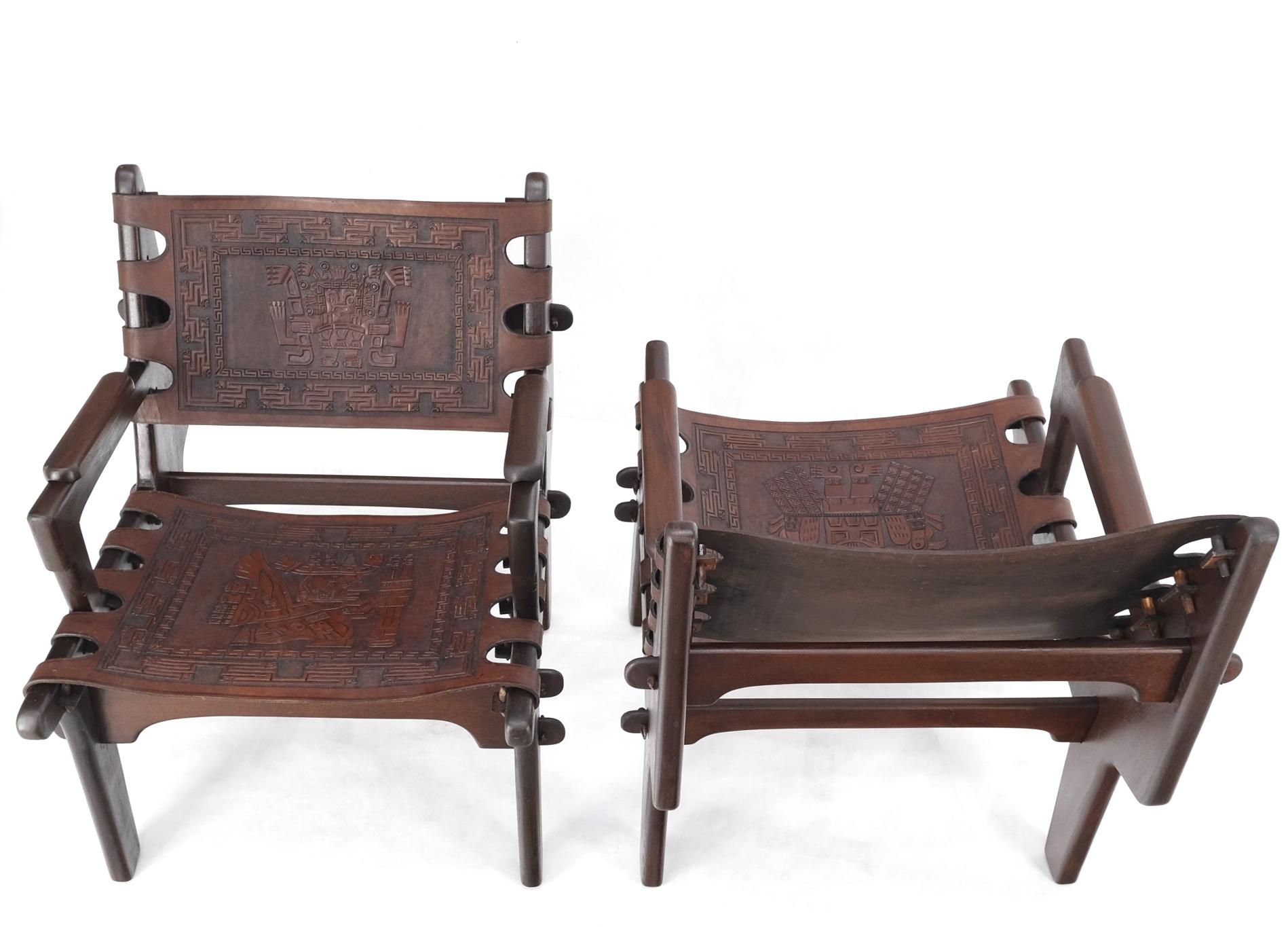 Pair of Walnut Carved Tolled Leather Sling Seats Arm Chairs by Angel Pazmino For Sale 8