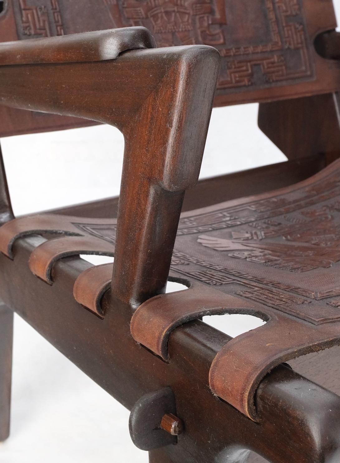 20th Century Pair of Walnut Carved Tolled Leather Sling Seats Arm Chairs by Angel Pazmino For Sale