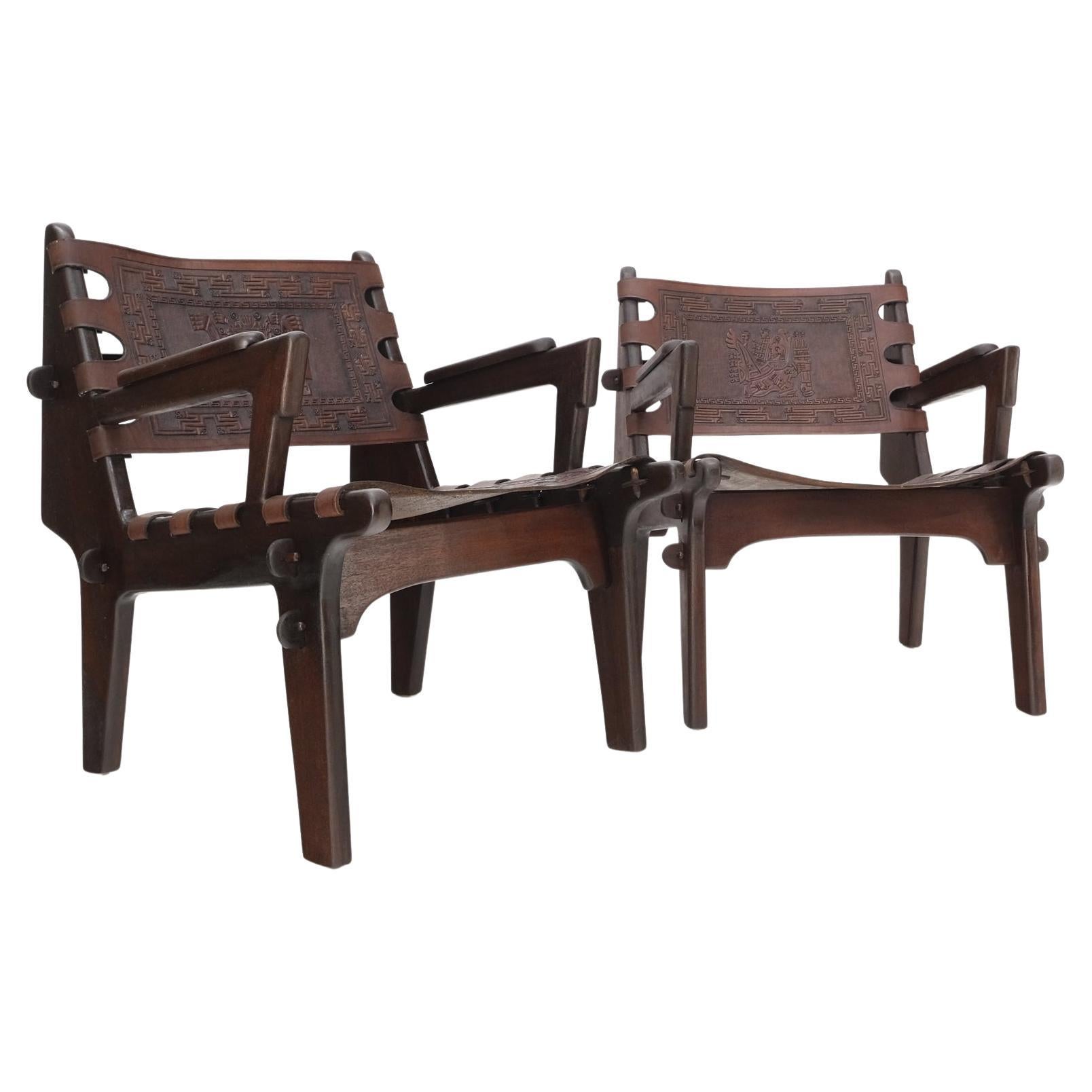 Pair of Walnut Carved Tolled Leather Sling Seats Arm Chairs by Angel Pazmino For Sale
