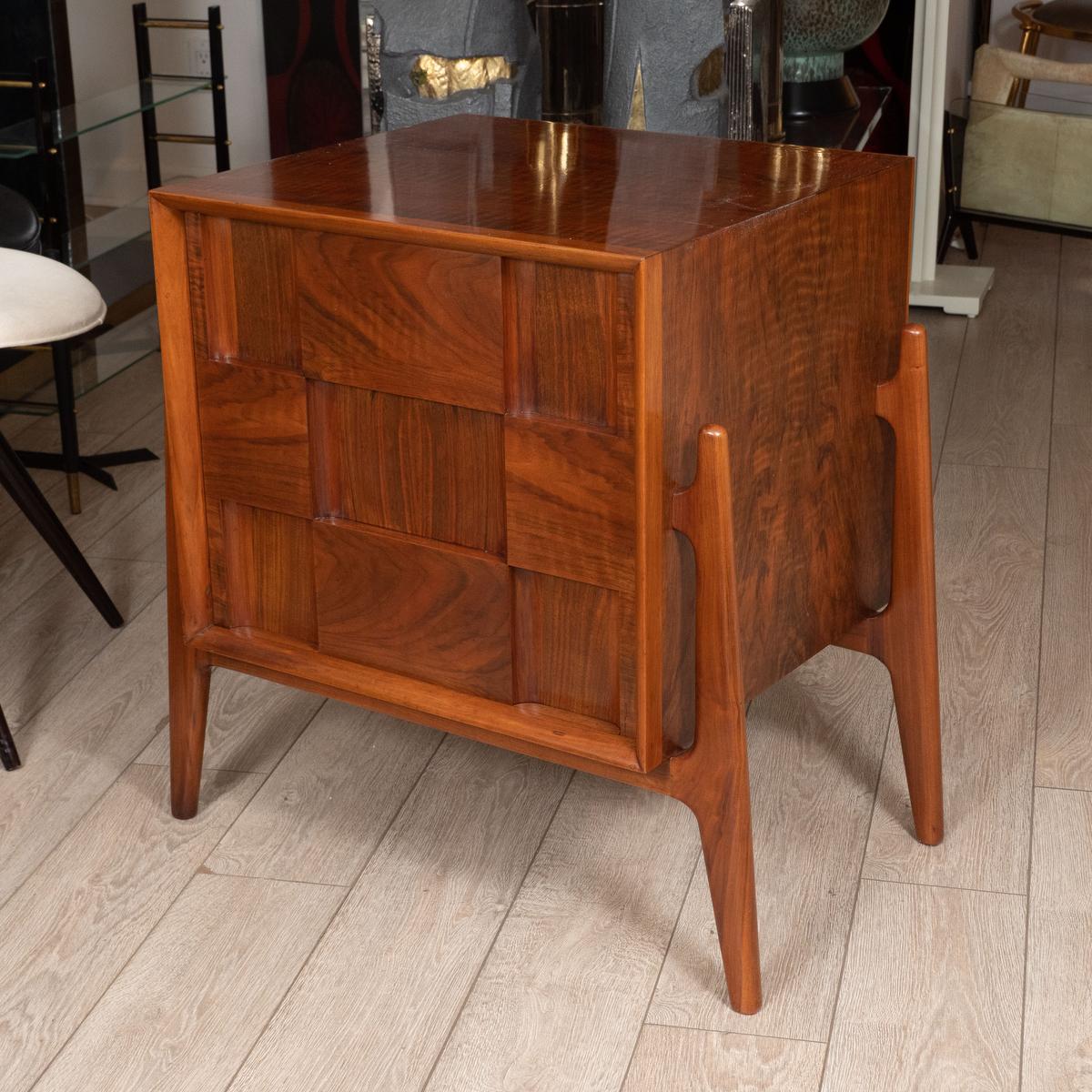 Pair of walnut checkered nightstands / side tables with drop-down front and single drawer by Edmond Spence.