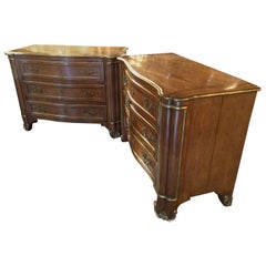 Pair of Walnut Custom Made Commodes with Gilt Trim Highlights, Bronze Hardware