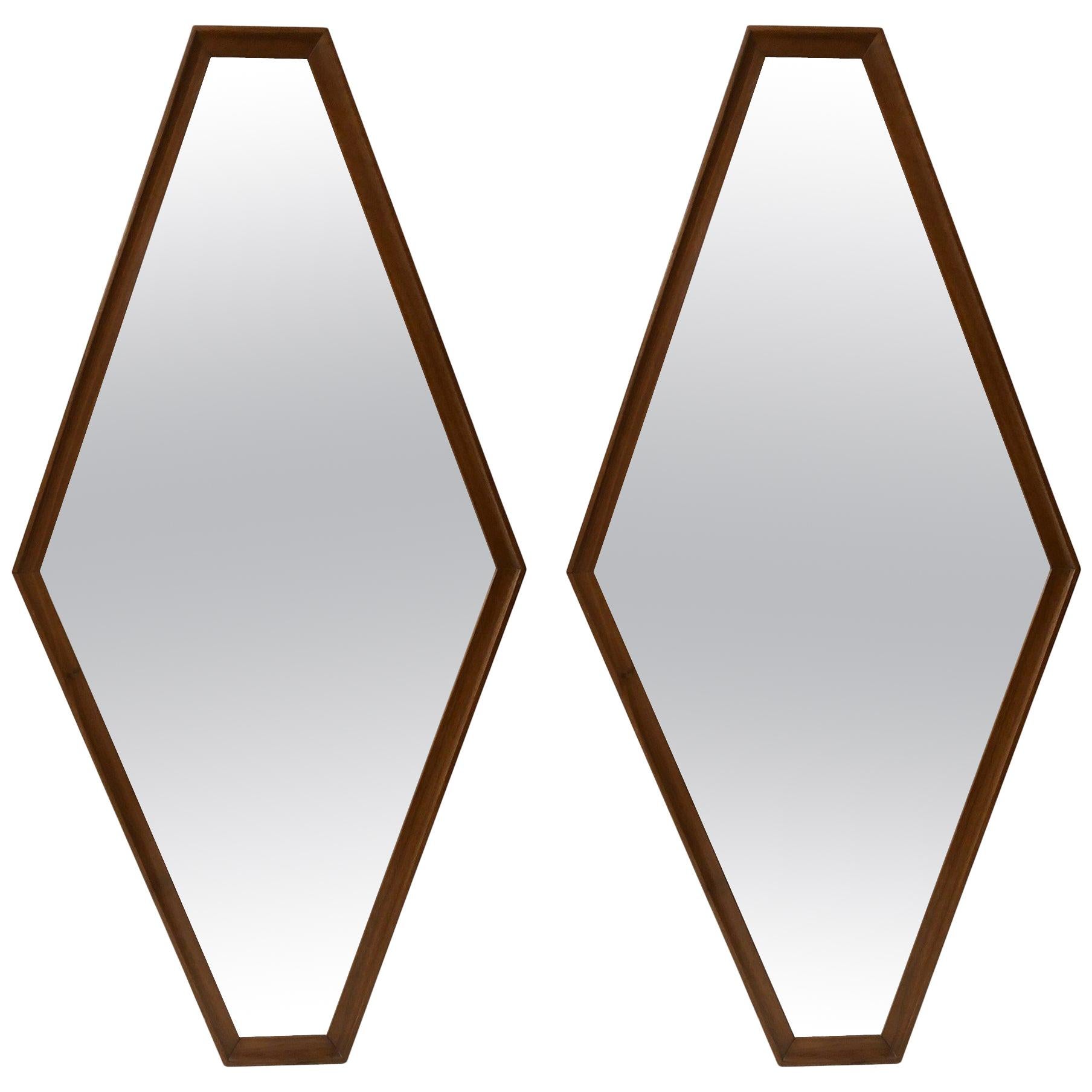 Pair of Walnut Diamond Mirrors For Sale