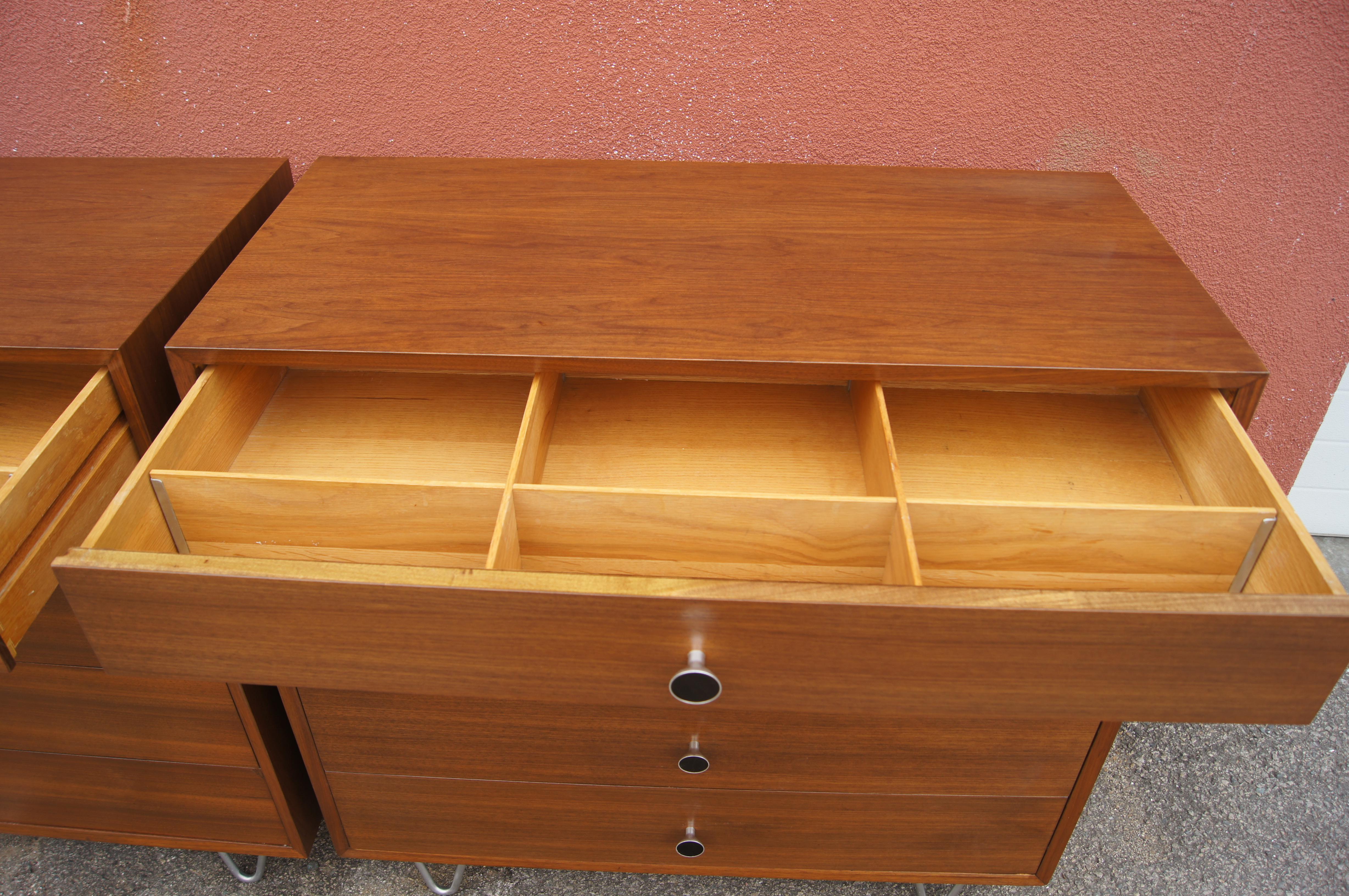 Aluminum Pair of Walnut Dressers with Hairpin Legs in the Style of George Nelson For Sale