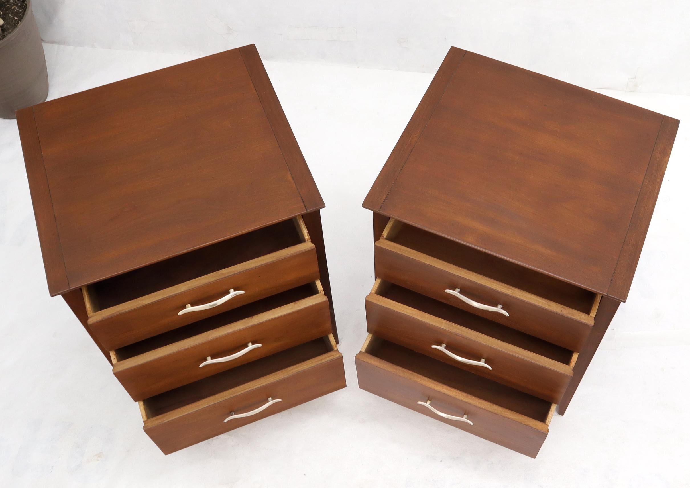Mid-Century Modern Pair of Walnut Drexel Three Drawer Nightstands End Tables Small Chest Restored