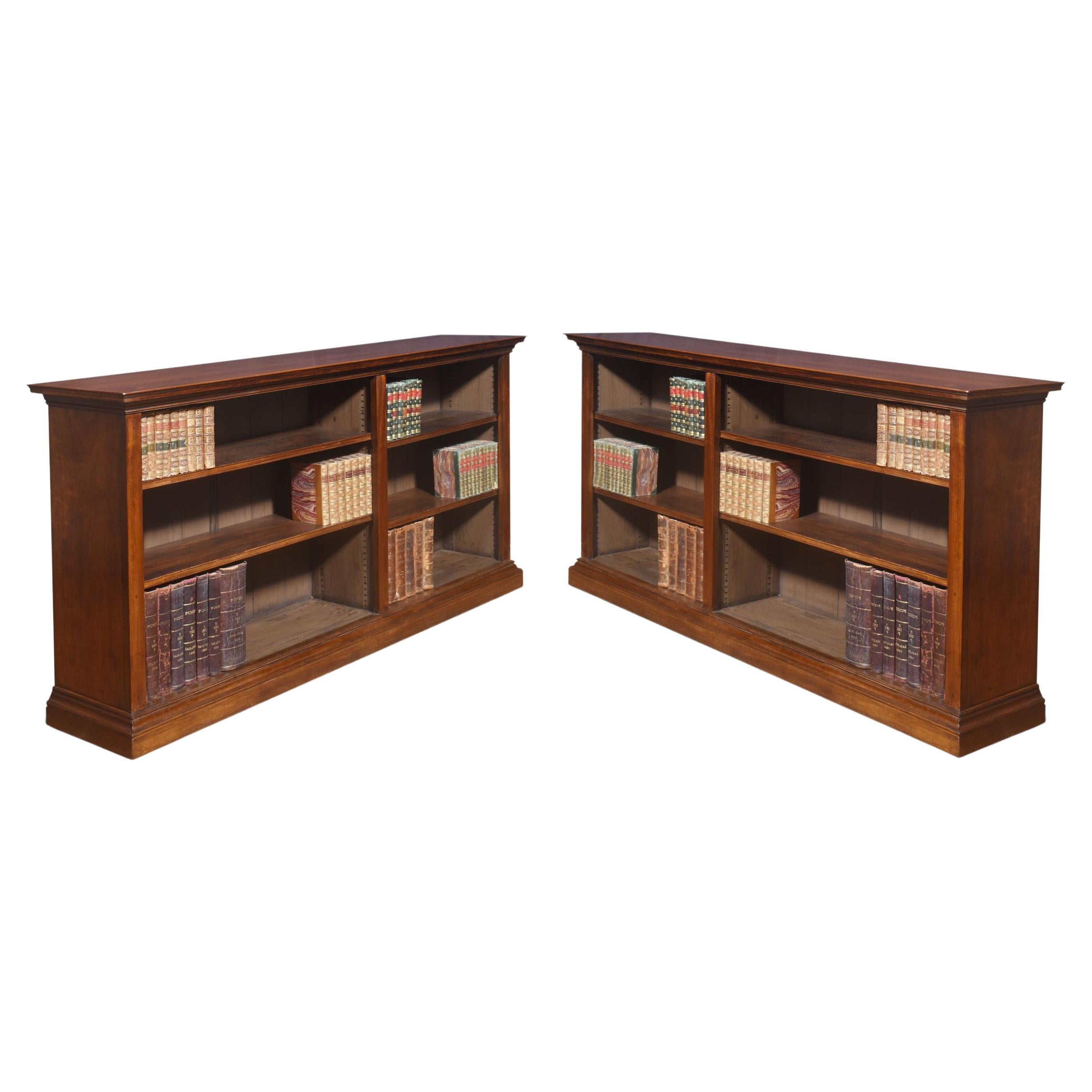 Pair of walnut dwarf open bookcases For Sale