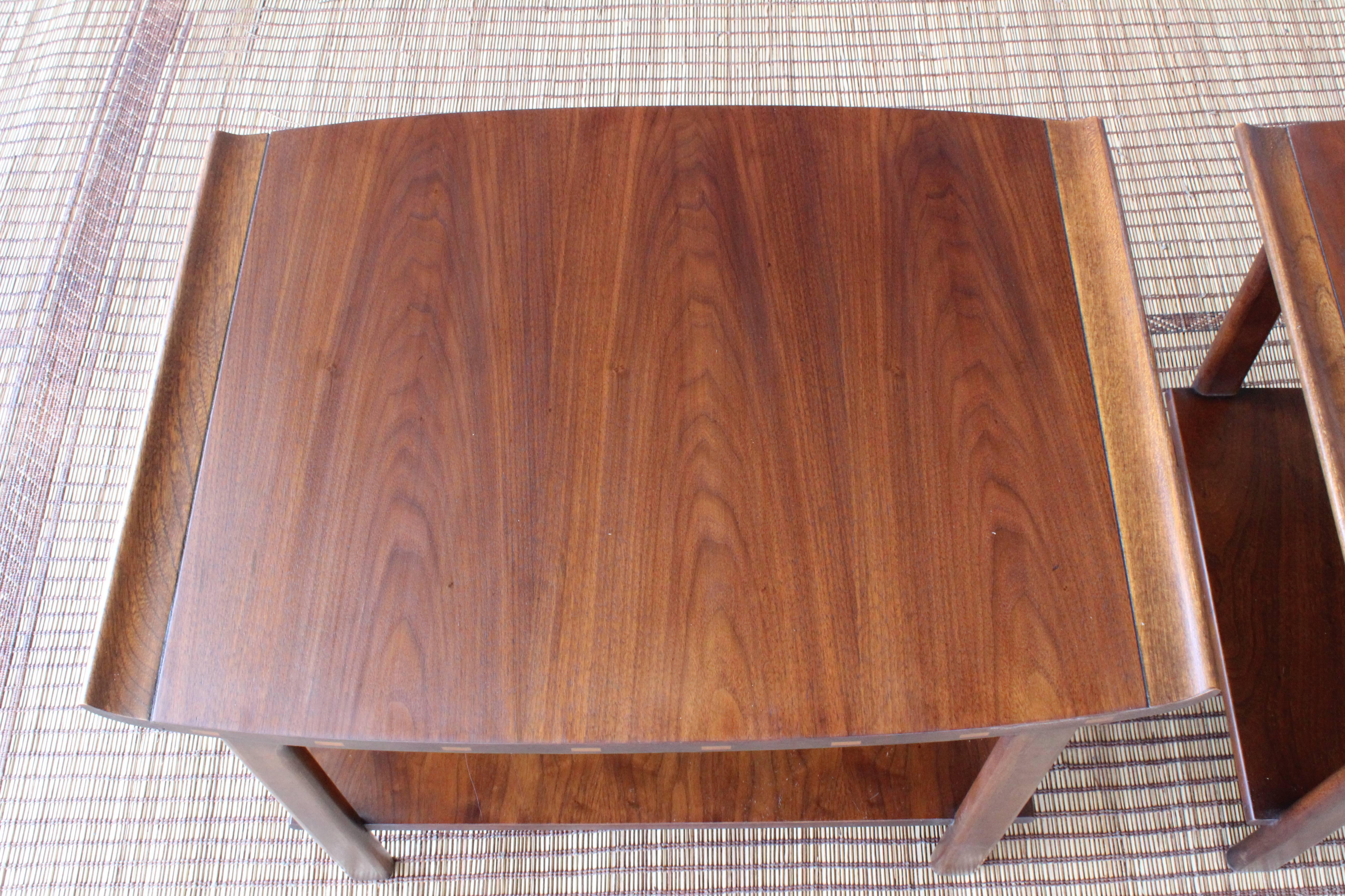 Pair of walnut end tables by Lane, 1960s. Both reveal beautiful walnut wood grain and have been recently refinished.