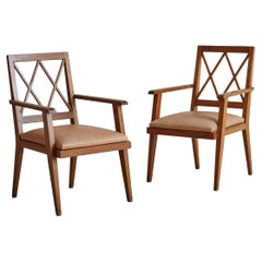 Pair of Walnut Frame Lounge Chairs in Original Leather, France 1940s