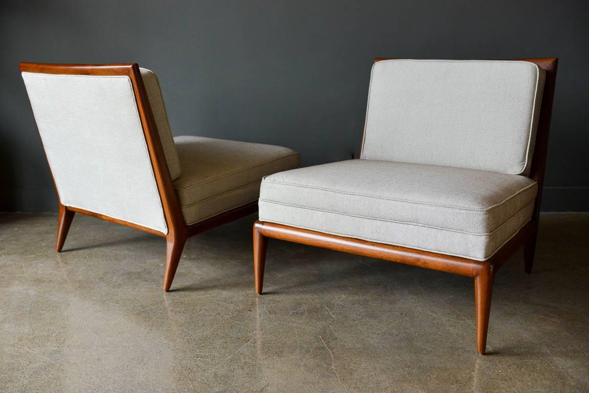 Mid-Century Modern Pair of Walnut Frame Slipper Chairs, circa 1965